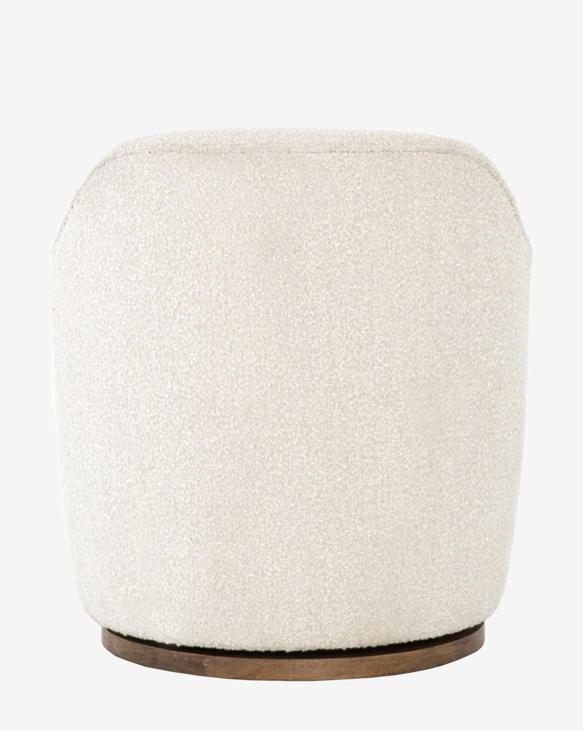 A contemporary, round off-white boucle upholstered ottoman with a wooden base, inspired by the Gulliver Swivel Chair, set against a plain white background.