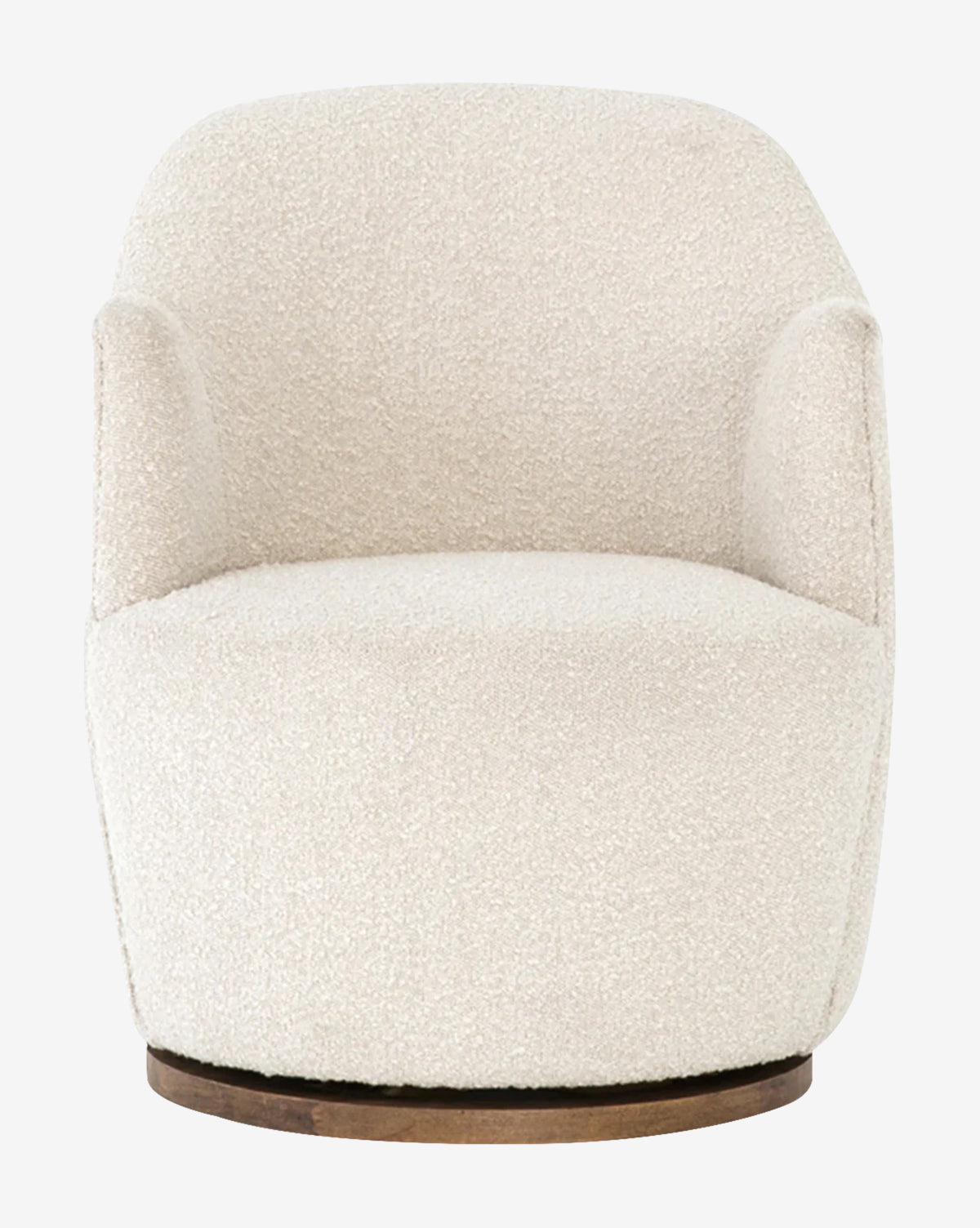 The Gulliver Swivel Chair is a modern, rounded armchair in off-white boucle with a low back and arms, set on a circular wooden swivel base—perfect for stylish comfort in any contemporary space.