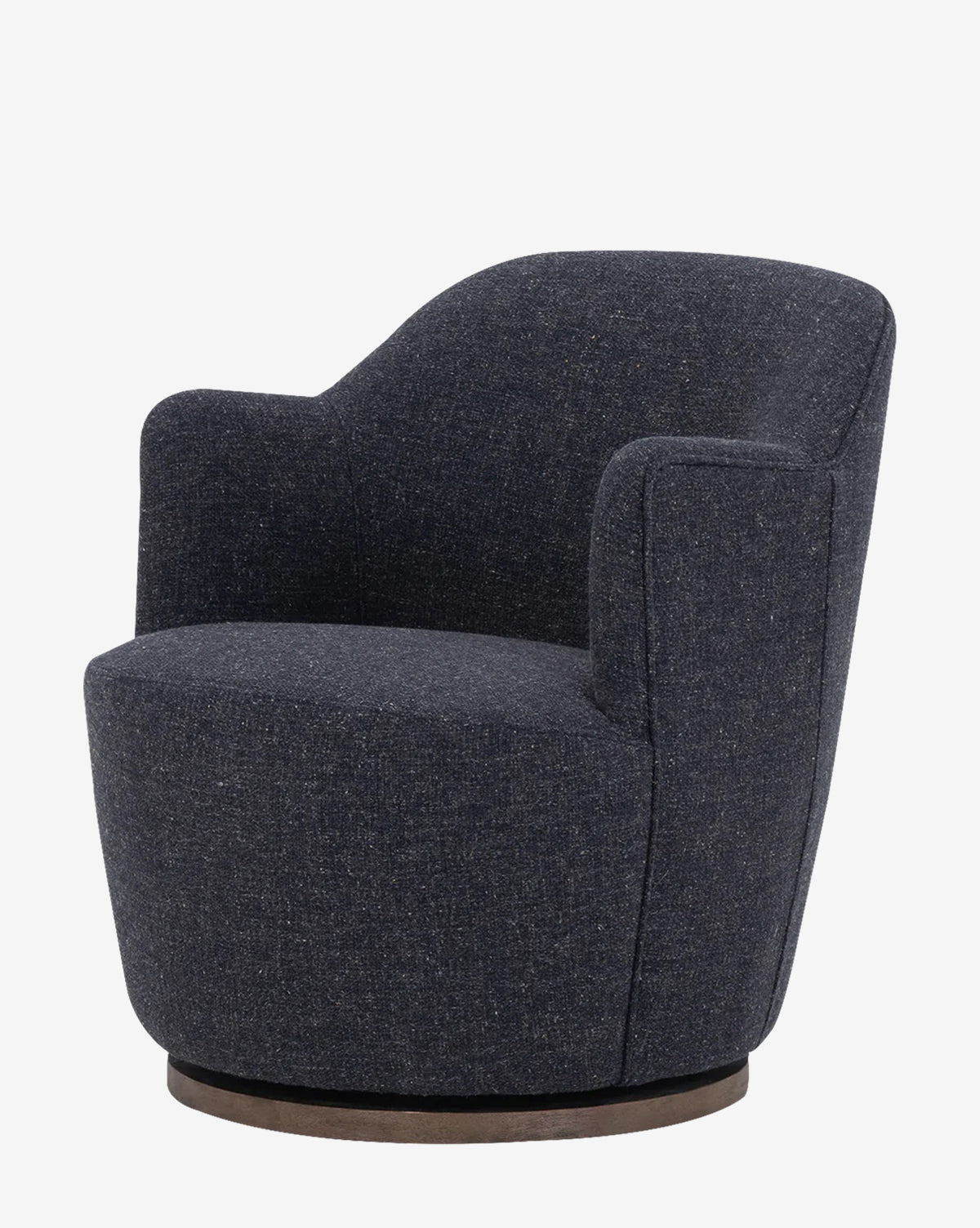 The Gulliver Swivel Chair features a modern design with dark gray boucle fabric, a curved backrest and armrests, plus a rounded base. Plush and comfortable, it stands out against a plain white background.