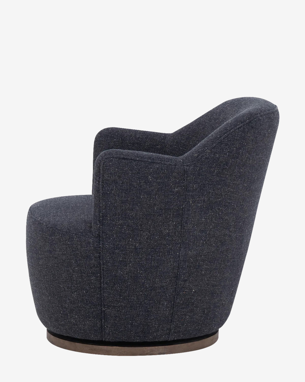 The Gulliver Swivel Chair features a modern design with dark gray upholstery, curved back and arms, and a sleek silhouette, shown from the side against a white background—offering contemporary style and comfort for any space.