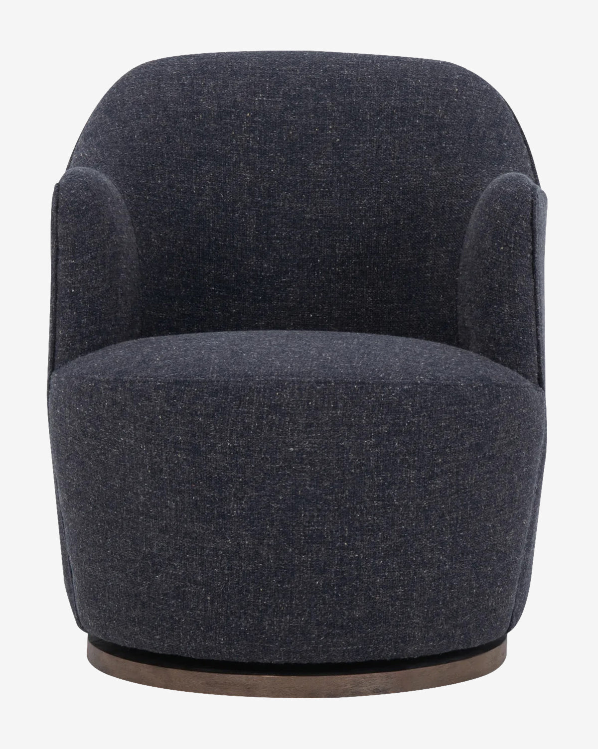 A contemporary Gulliver Swivel Chair in dark blue boucle, featuring a rounded back and arms on a circular wooden base, is shown from the front against a plain white background.
