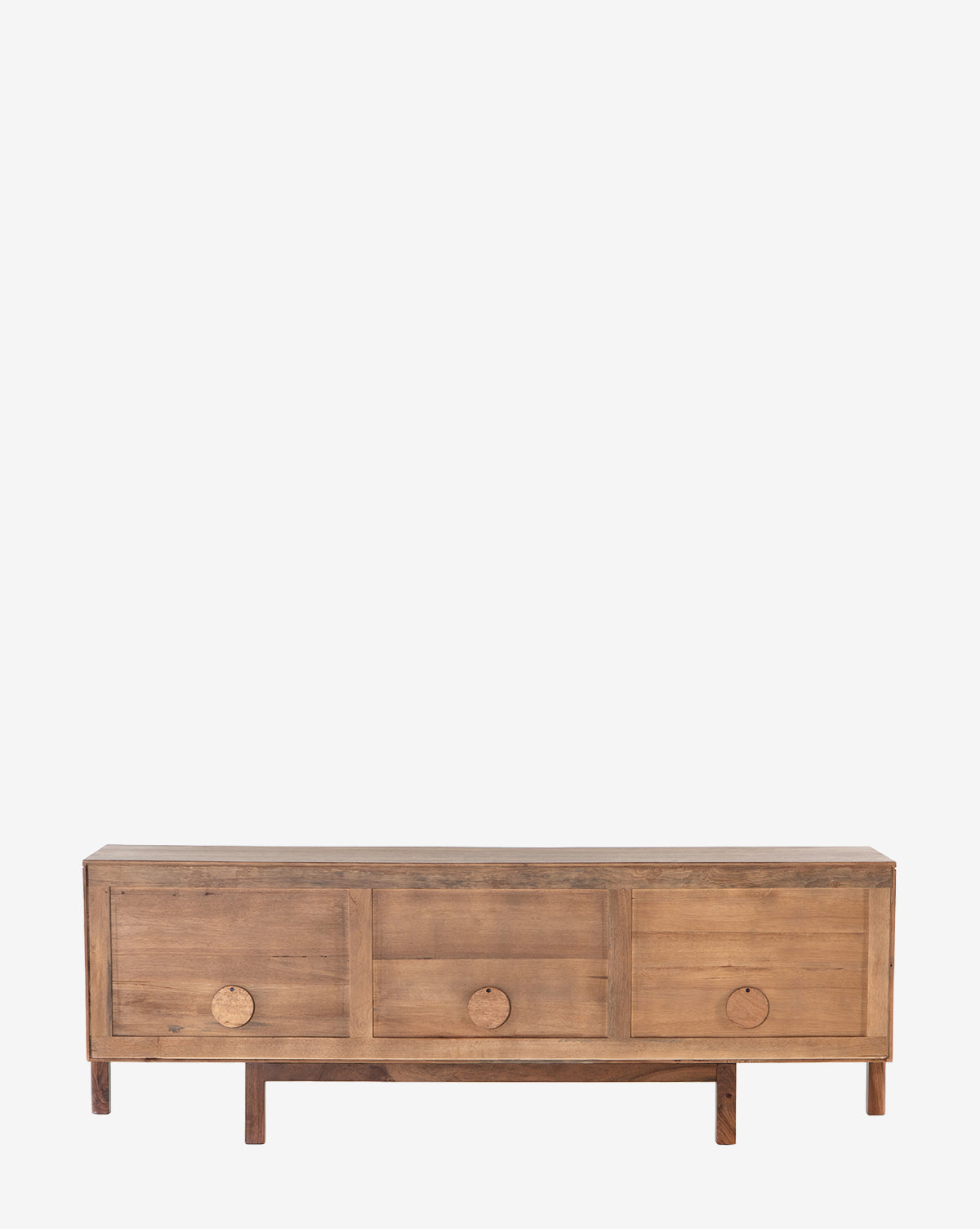 The Gustav Console is a wooden sideboard with three front drawers, each with a round wooden handle. This mid-century piece stands on four short legs and features a minimalist design, shown against a white background by McGee & Co.