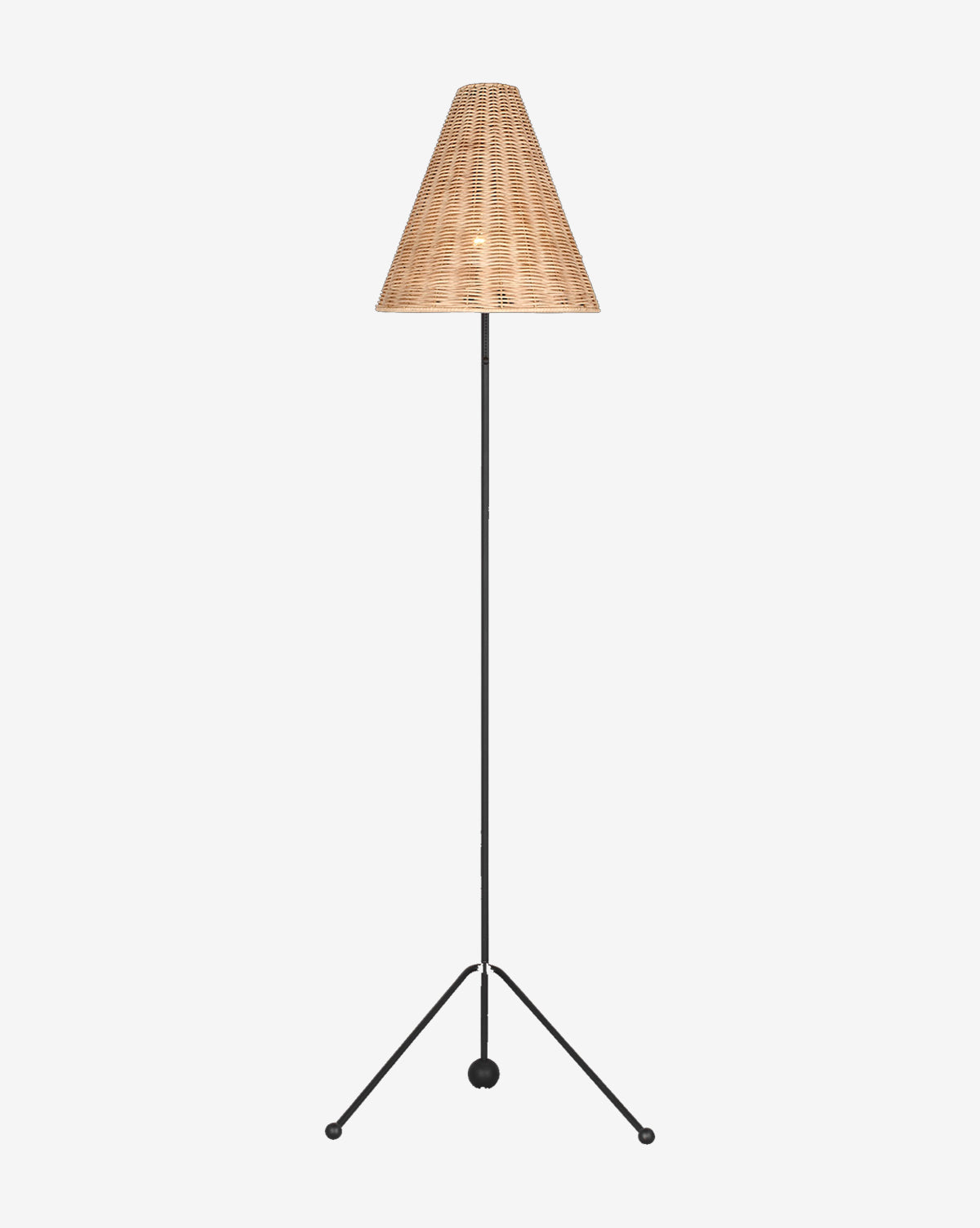 The Gustav Floor Lamp by Visual Comfort Studio - Generation Lighting features a woven rattan cone shade, slim black metal stand, and tripod base with round feet, bringing modern style to any space on a plain white background. McGee & Co.