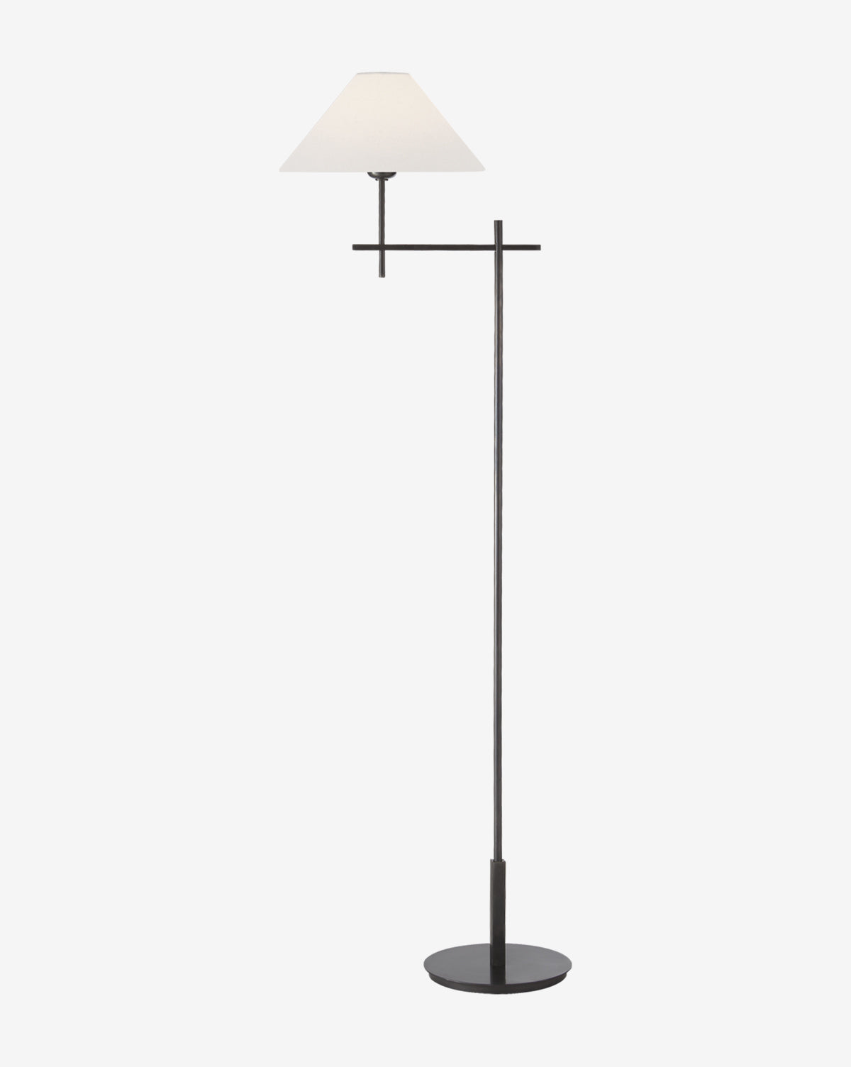 The Visual Comfort & Co. Signature Hackney Bridge Arm Floor Lamp features a slim black metal stand, round base, horizontal arm, and white conical shade, shown against a plain white background. McGee & Co.
