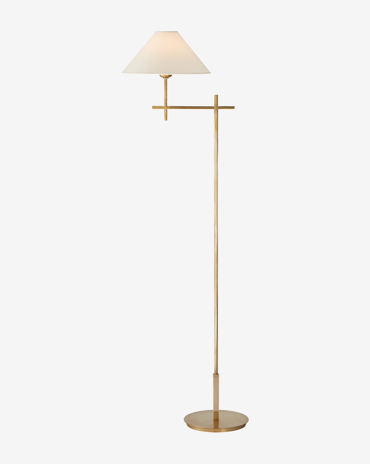 The Hackney Bridge Arm Floor Lamp features a slim gold stand, round base, horizontal arm, and white conical lampshade. Its modern, minimalist brass design stands out elegantly against a plain white background, by McGee & Co.