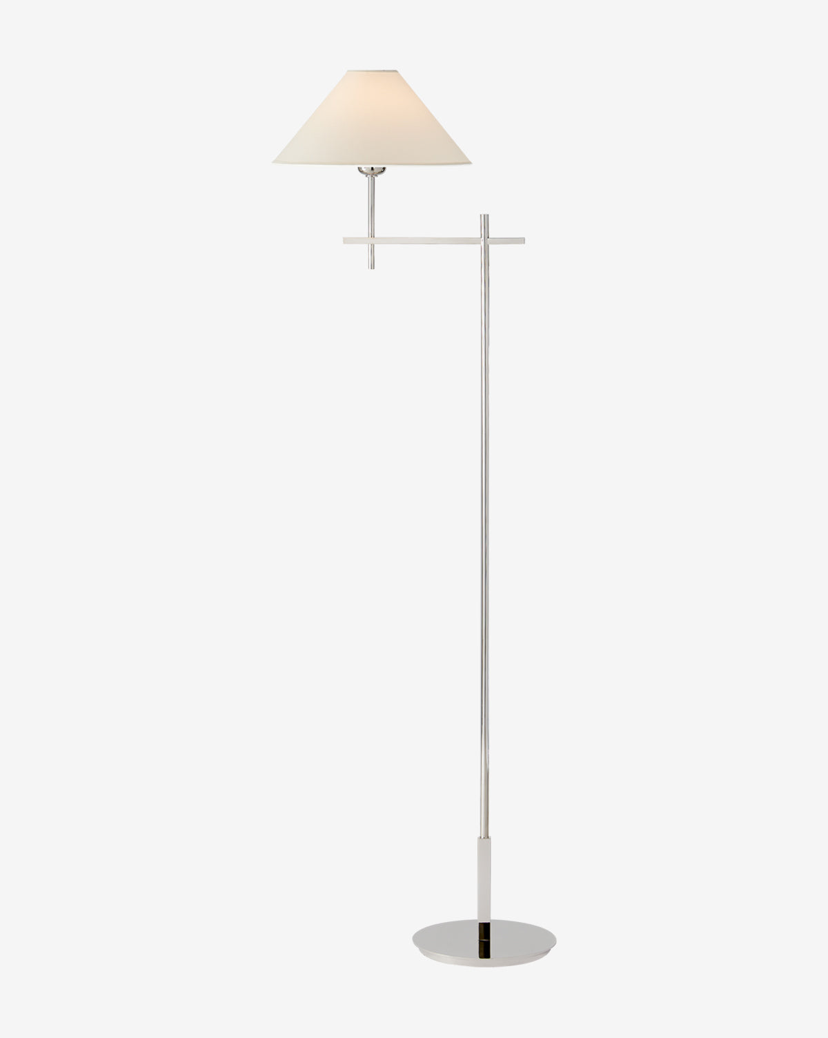 The Hackney Bridge Arm Floor Lamp features a slim silver metal stand, round base, and white cone-shaped shade, all in a minimalist modern design, by McGee & Co.