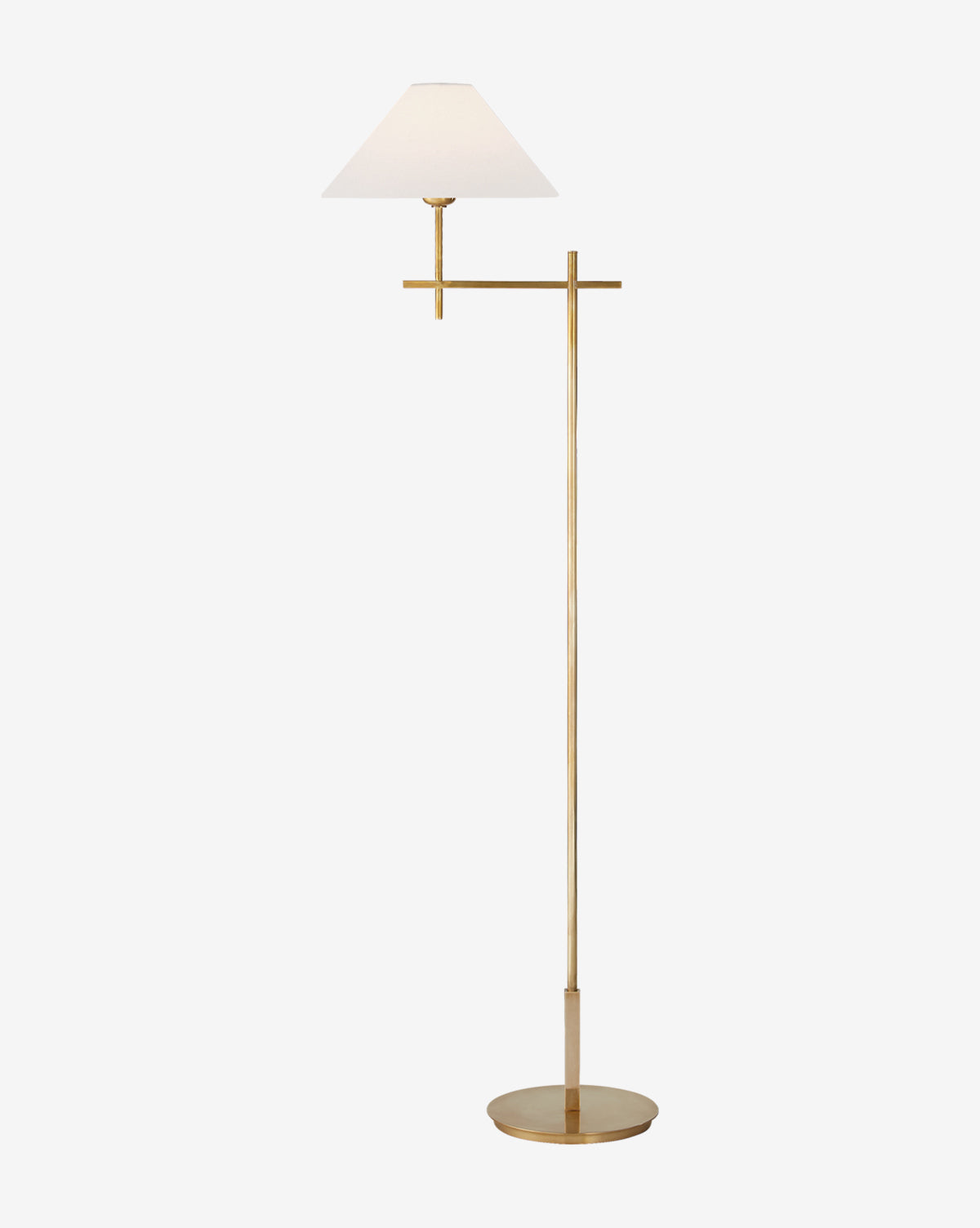 The Hackney Cordless Bridge Arm Floor Lamp features a slender gold metal stand, a horizontal arm, and a white cone-shaped shade in a modern, minimalist design set against a plain white background, by McGee & Co.
