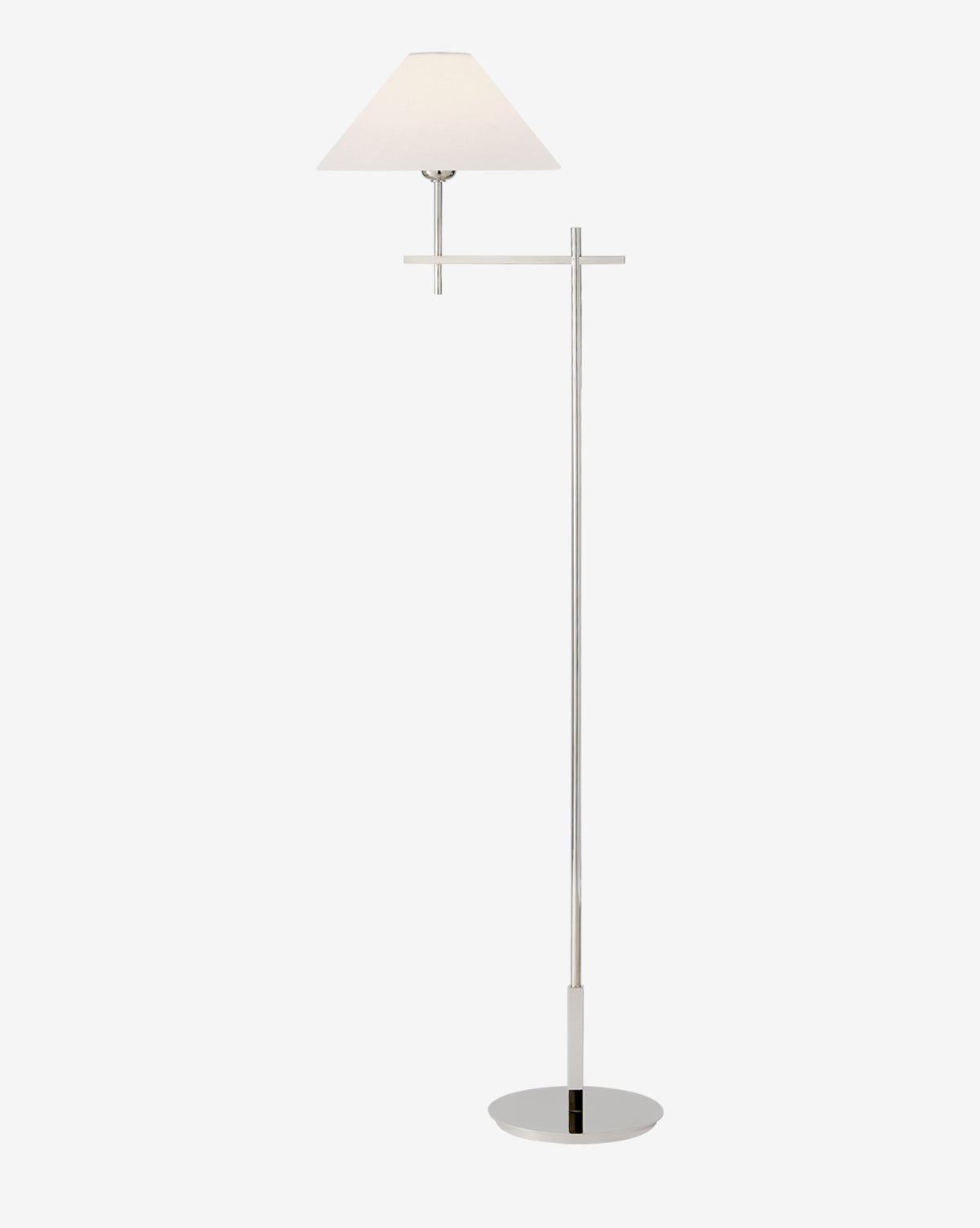 The Hackney Cordless Bridge Arm Floor Lamp features a slim brass stand, round base, horizontal top bar, and white cone-shaped shade for a minimalist, elegant look, by McGee & Co.