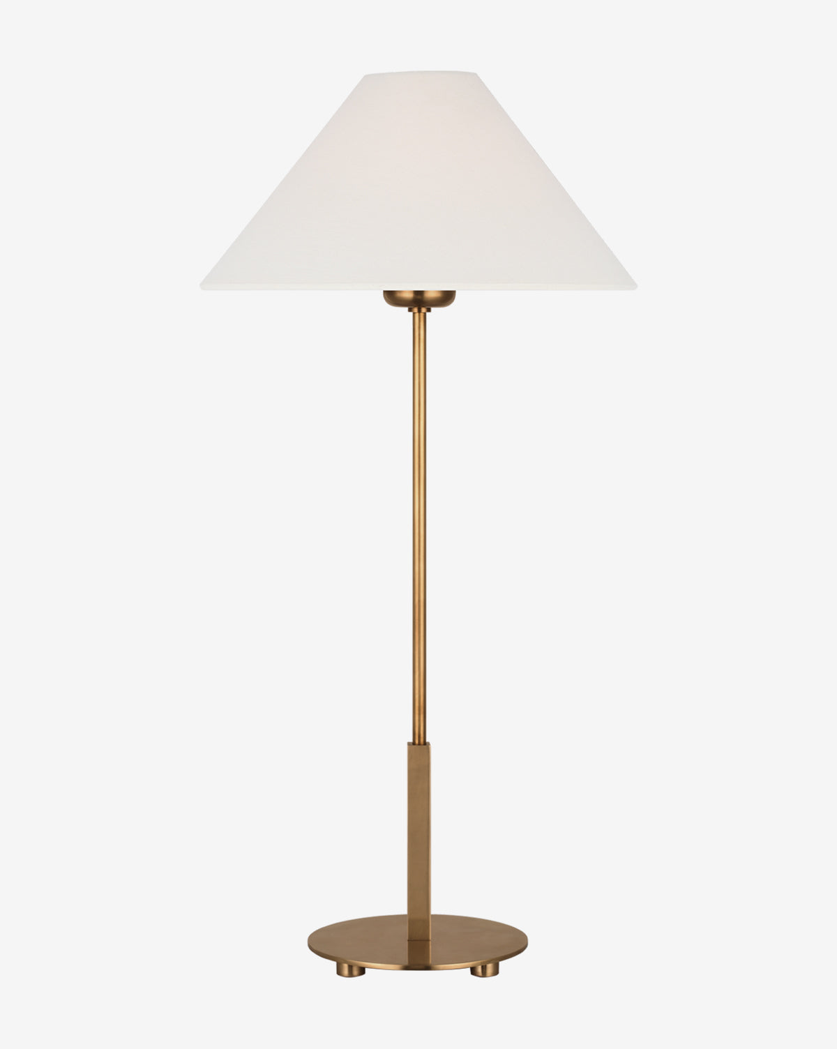 The Hackney Cordless Buffet Lamp by Visual Comfort & Co. Signature features a slim brass base and a wide white linen shade, showcased against a plain white background, McGee & Co.