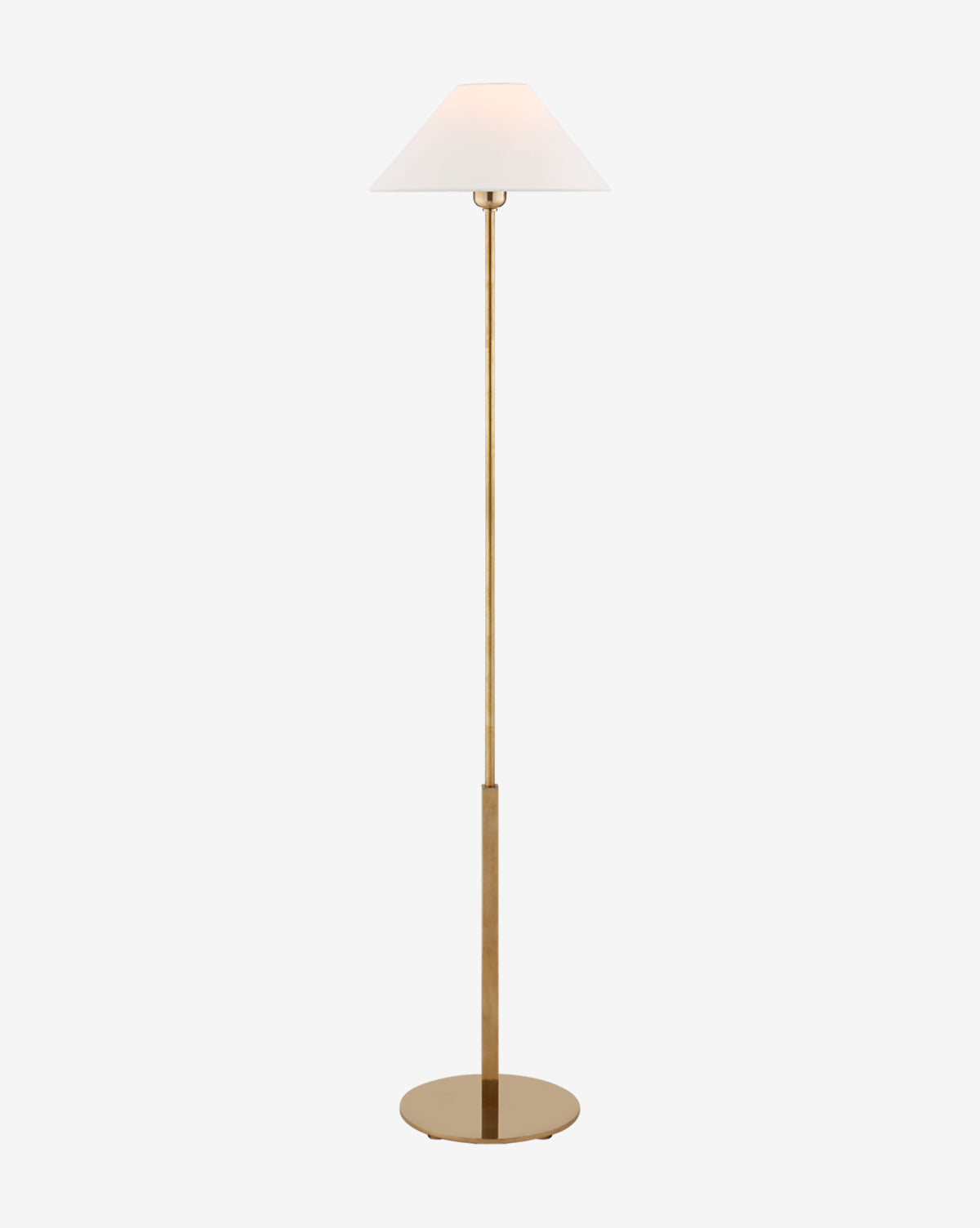 The Hackney Cordless Floor Lamp features a slim gold stand, round gold base, and a white conical lampshade, all set against a plain white background by McGee & Co.