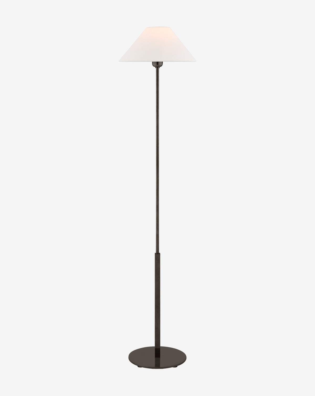 Certainly! Here is your blended sentence: The Hackney Cordless Floor Lamp by Visual Comfort & Co. Signature features a slim black stand, round base, and white linen shade, displayed against a plain light background, McGee & Co.