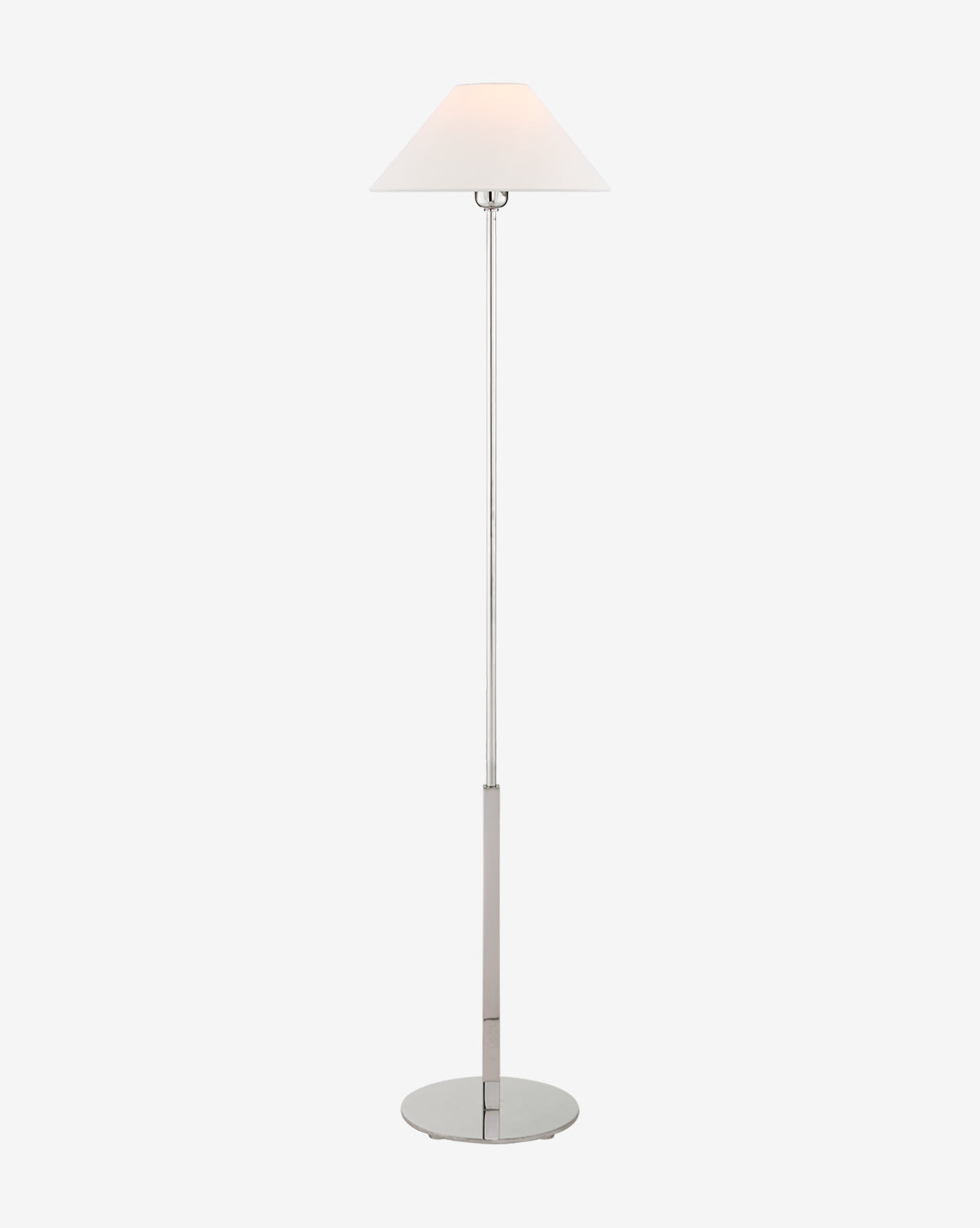 The Hackney Cordless Floor Lamp features a modern brass finish, slim metal stand, round base, and white conical shade, shown illuminated against a plain white background by McGee & Co.