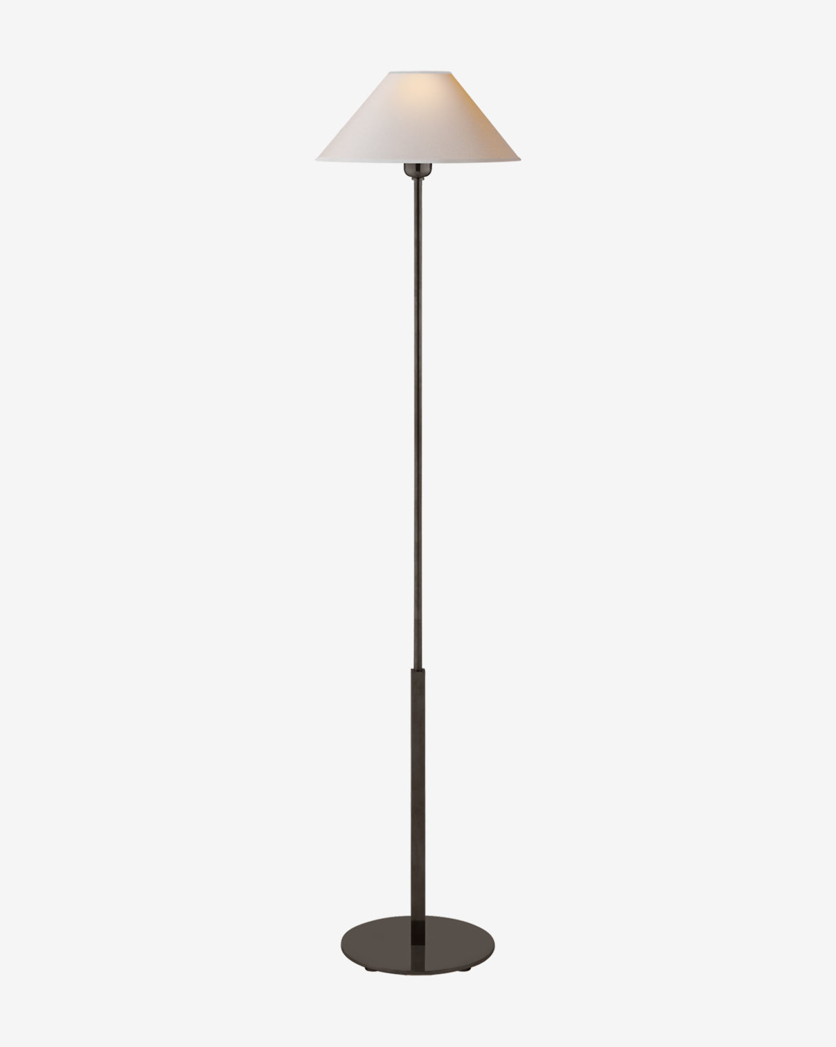 The Hackney Floor Lamp by Visual Comfort & Co. Signature has a round black base, slender black pole, and a white linen conical shade, displayed against a plain white background. McGee & Co.