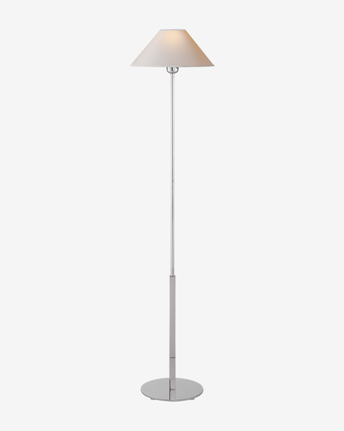 The Hackney Floor Lamp features a slim metallic stand, round base, and white linen shade, standing elegantly against a plain white background by McGee & Co.