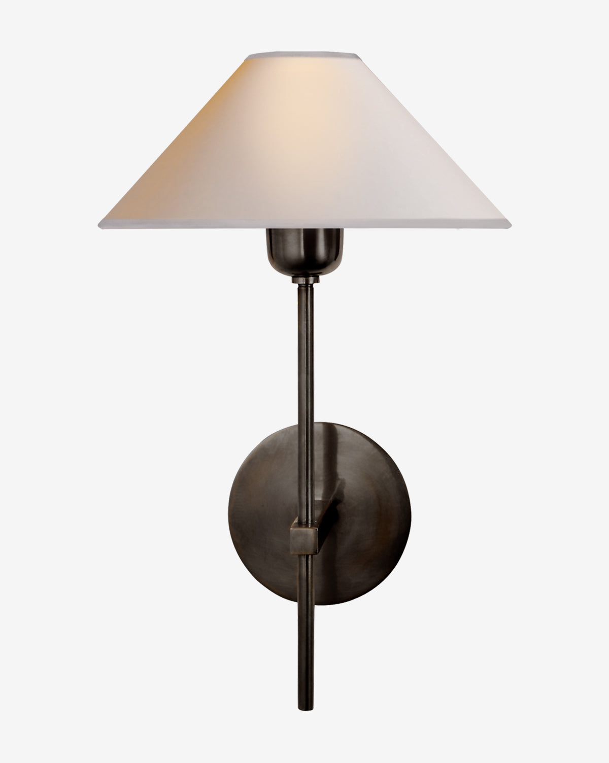 The Hackney Single Sconce by Visual Comfort & Co. Signature features a round matte black base, slender vertical rod, and wide linen shade, offering a soft glow—an elegant brass sconce for any space by McGee & Co.