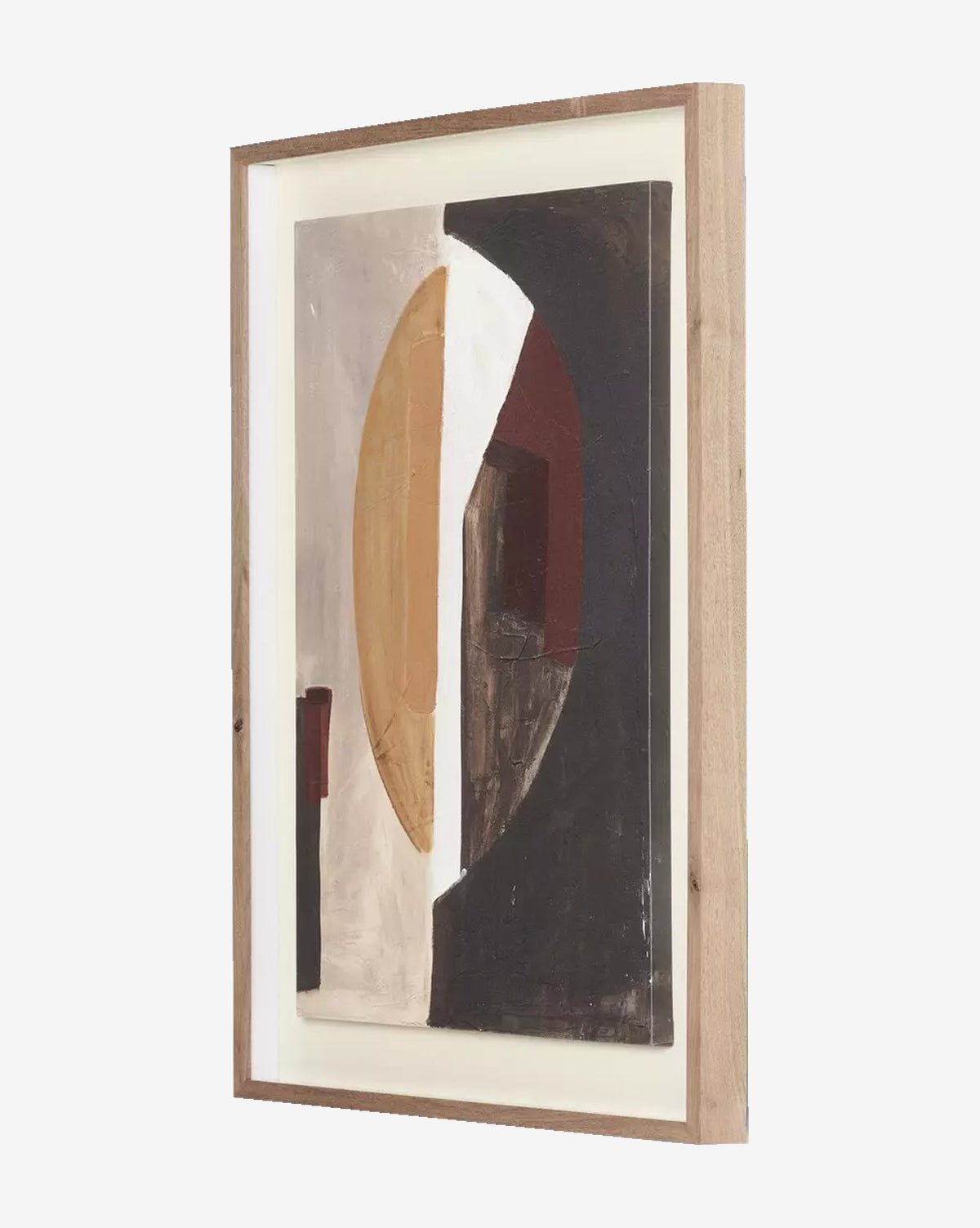 Half of Me by Amanda Ane is a framed abstract wall art with geometric shapes in brown, black, white, and beige on matte canvas. It features curved and straight lines set in a light walnut wood frame against a white background, by McGee & Co.