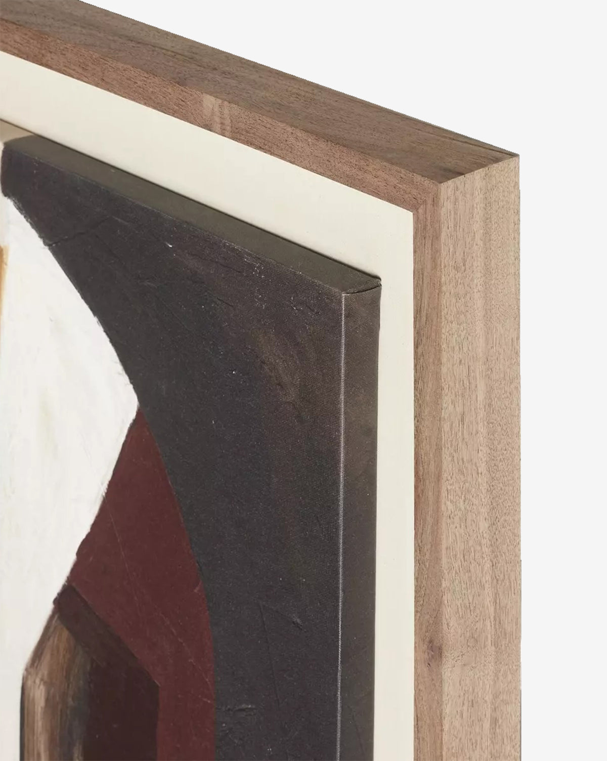 Close-up of Half of Me by Amanda Ane—abstract wall art with dark, white, and reddish-brown shapes on matte canvas. Features a light inner border and thick walnut wood frame against a plain white background, by McGee & Co.