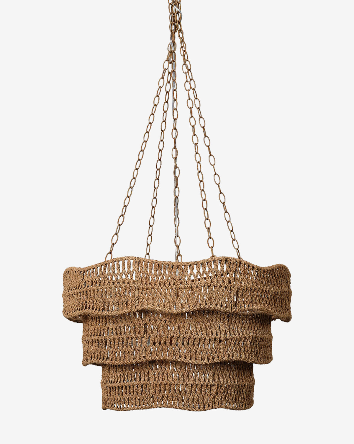 The Made Goods Halina Chandelier features three wavy, stacked layers of woven rattan in a tiered design, hanging from four metal chains, shown against a plain white background. McGee & Co.