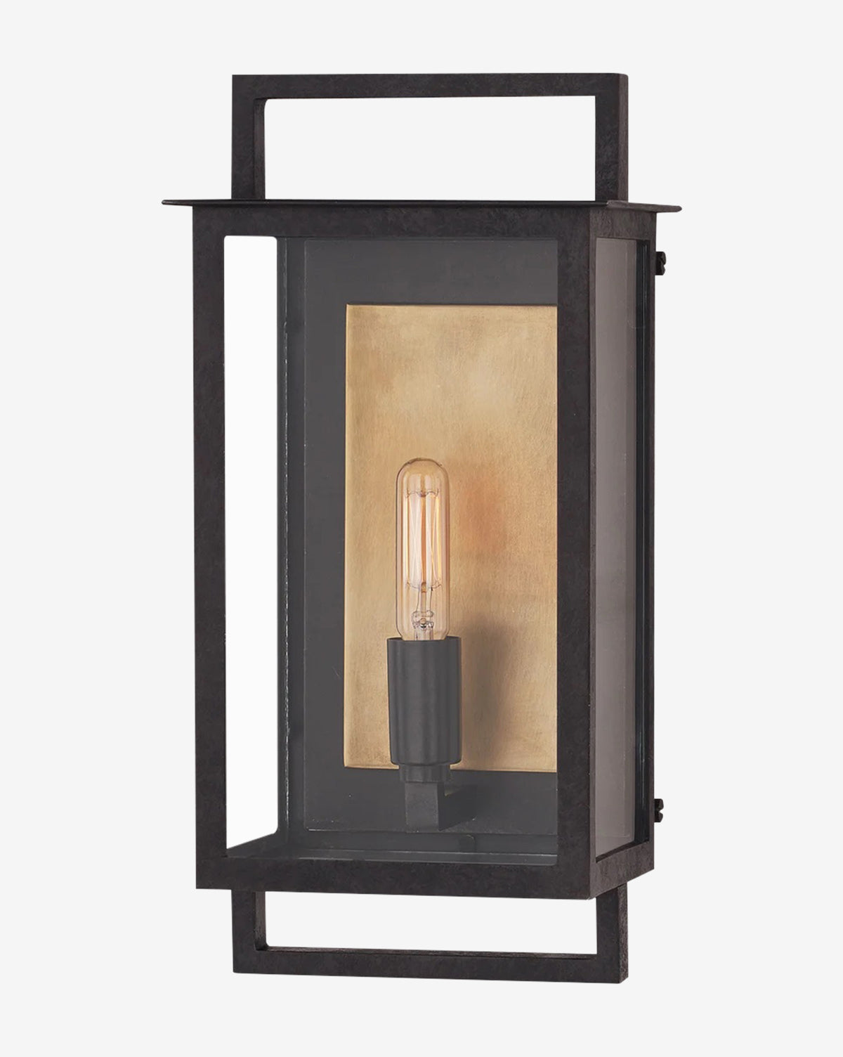The Visual Comfort & Co. Signature Halle Wall Lantern features a rectangular black metal frame, exposed tubular bulb, and brushed gold backplate—offering aged iron finish and minimalist style for both indoor and outdoor use by McGee & Co.
