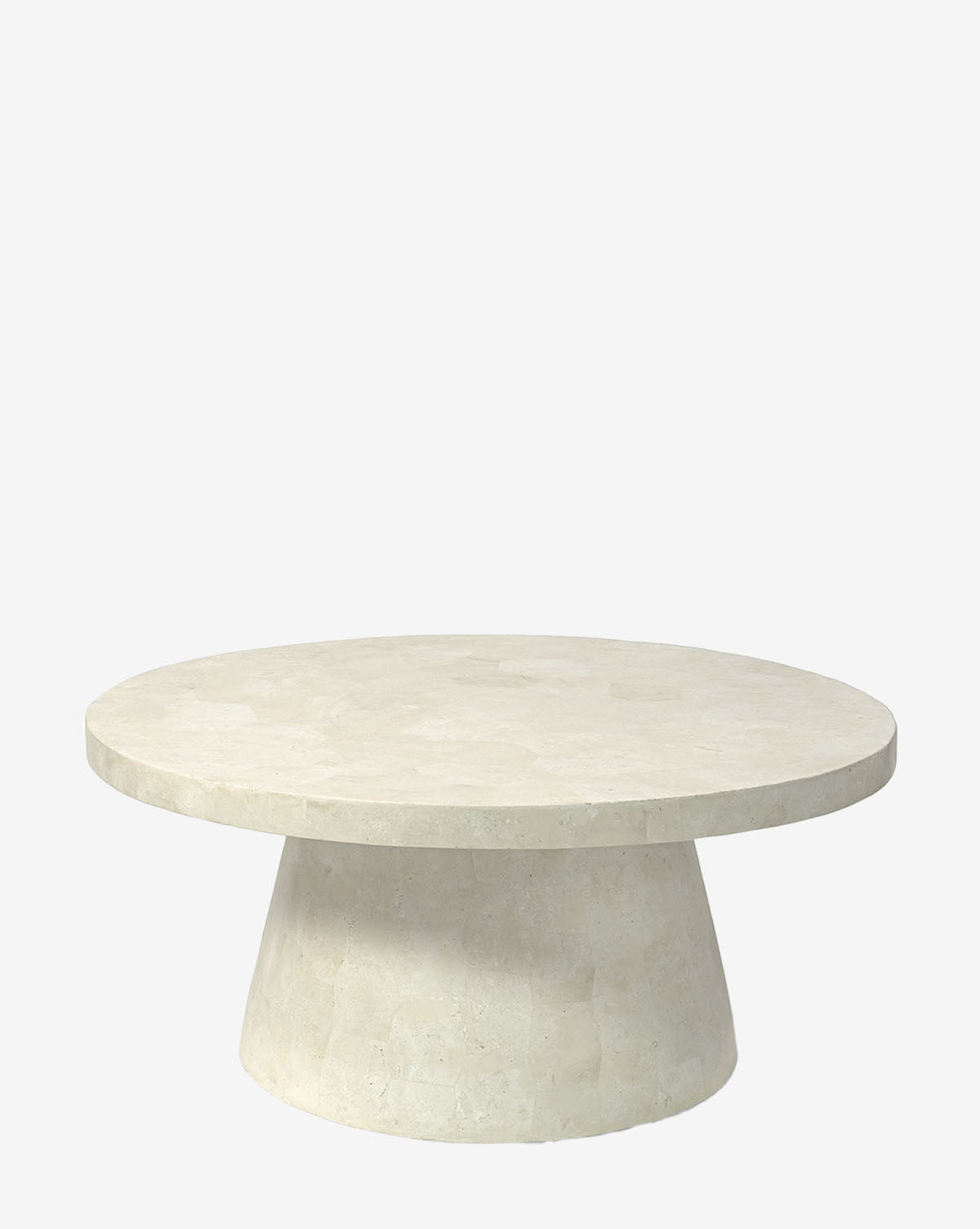 The Hallie Outdoor Coffee Table features a round, off-white stone design with a wide, flat top and sturdy tapered base—an elegant modern piece showcased against a plain white background by McGee & Co.