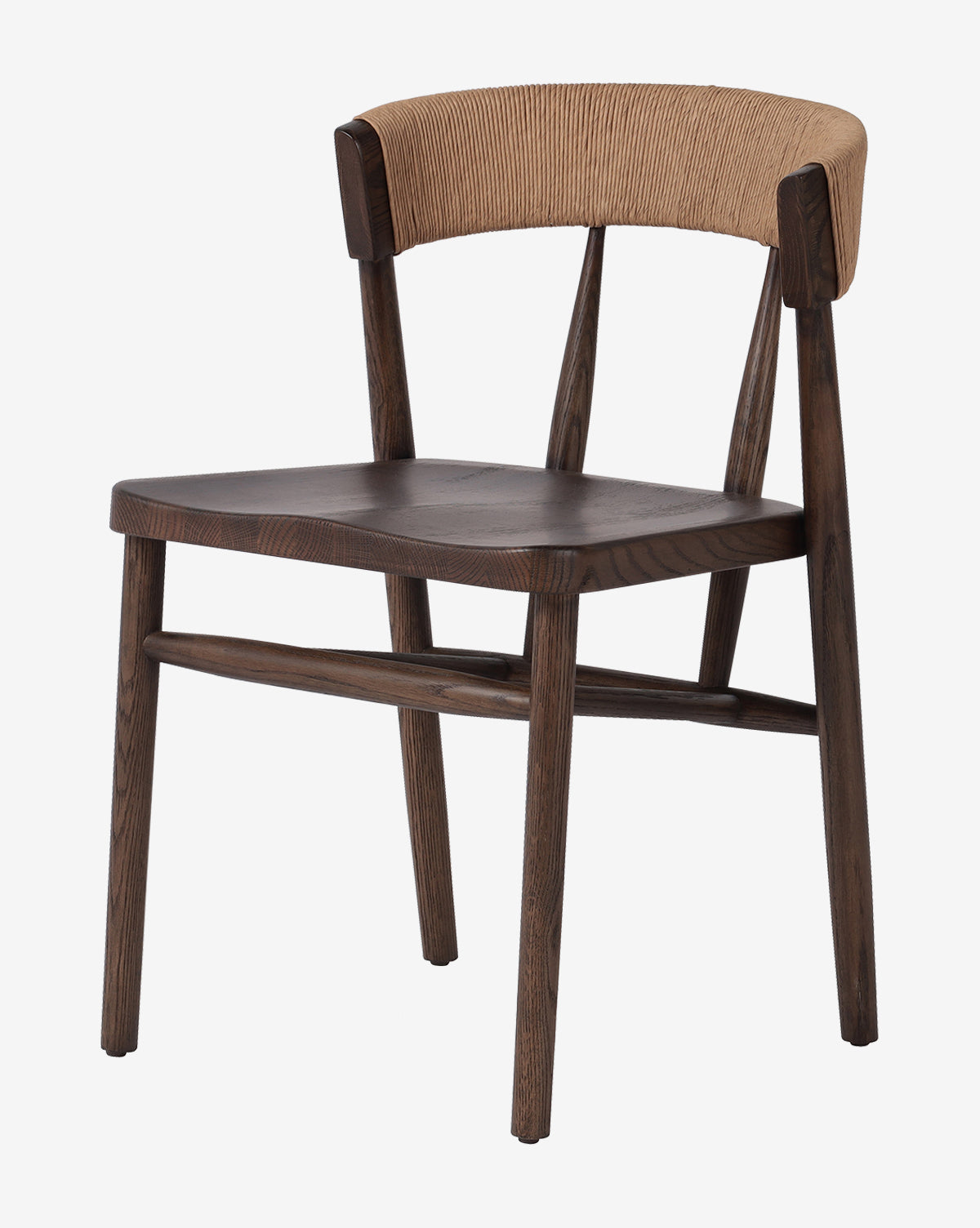 The Hallow Chair is a minimalist wooden oak dining chair with dark brown seat and legs, plus a curved, light tan textured backrest. Its modern design brings stylish flair to any space, by McGee & Co.