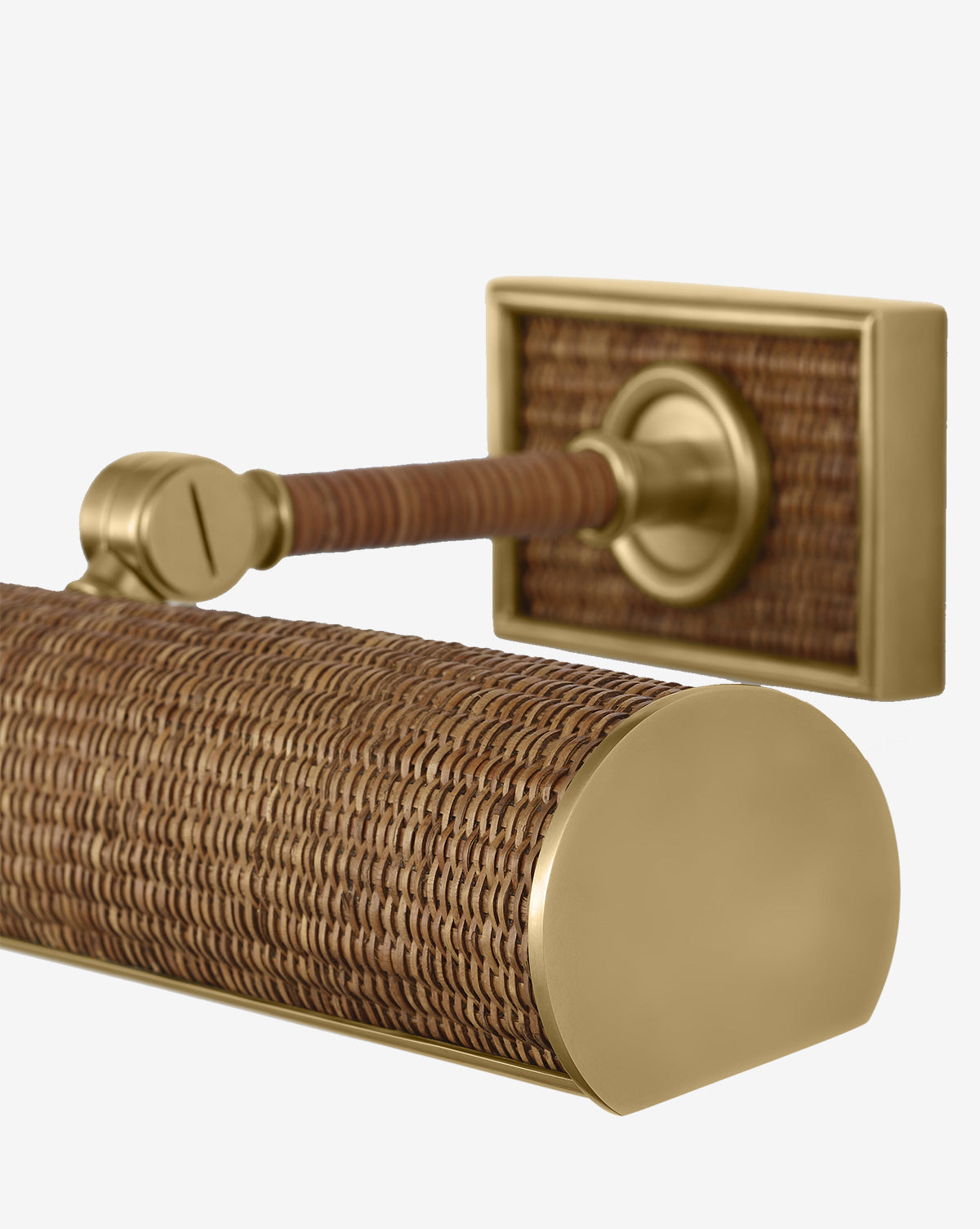 A close-up of the Halwell Picture Light, a gold-toned wall-mounted fixture featuring woven rattan detail on both the bar and mounting plate. The metallic accents evoke the sophisticated look of artwork or picture lighting, by McGee & Co.