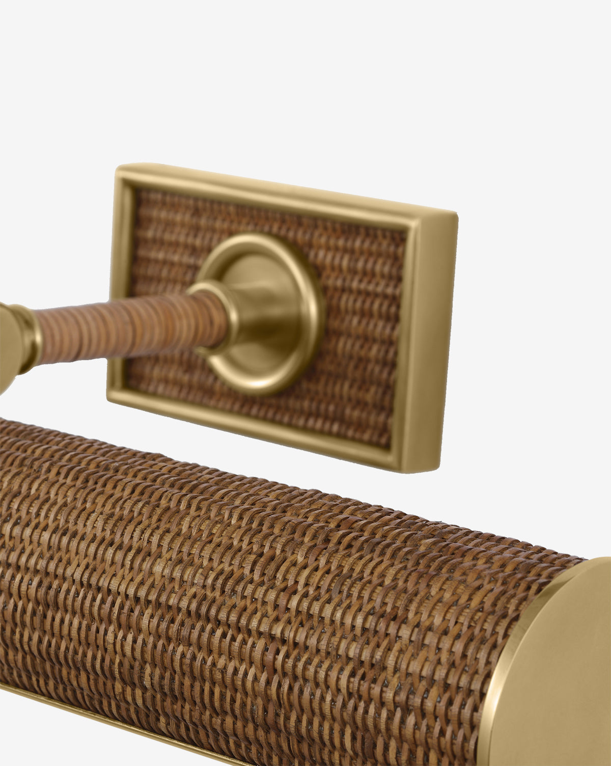 Close-up of the Halwell Picture Light featuring a gold-toned metal handle and base with a textured, woven rattan design, shown on a plain white background—ideal for spaces complemented by subtle artwork lighting by McGee & Co.