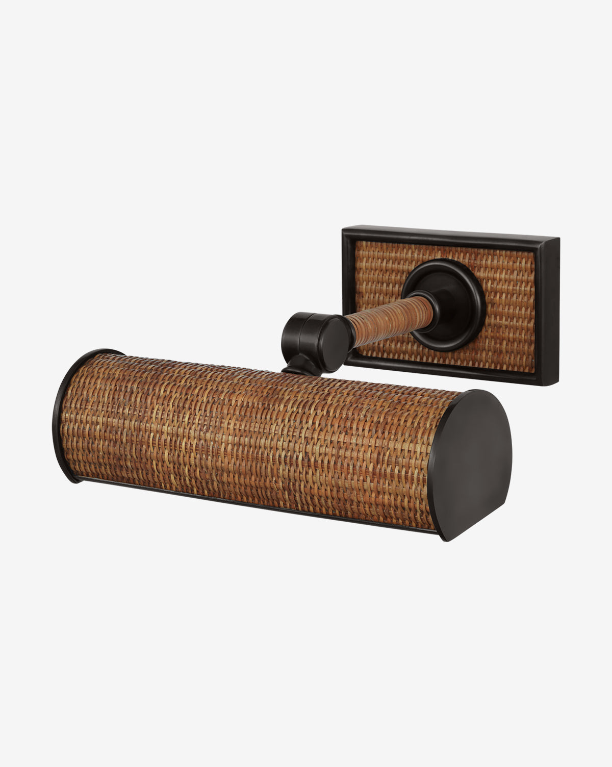 The Halwell Picture Light by Visual Comfort & Co. Signature is a wall-mounted toilet paper holder featuring a woven rattan design, dark metal accents, a rectangular backplate, and a cylindrical bar inspired by picture light fixtures by McGee & Co.