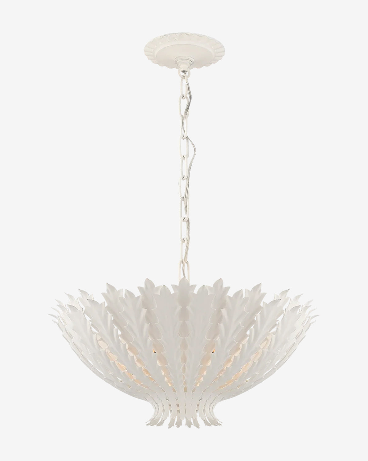 The Hampton Chandelier by Visual Comfort & Co. Signature features a white bowl-shaped design with layered leaf-like details and a twisted chain, offering stylish vintage ceiling lighting for any room, McGee & Co.