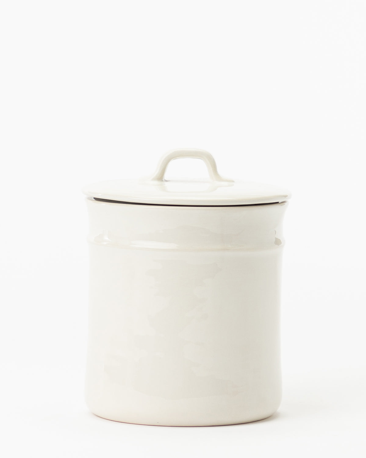 The Handled Ceramic Canister features a white handle, matching lid, and small top knob—its classic design adds vintage style to any modern kitchen. Set against a plain white background for a clean, timeless look.
