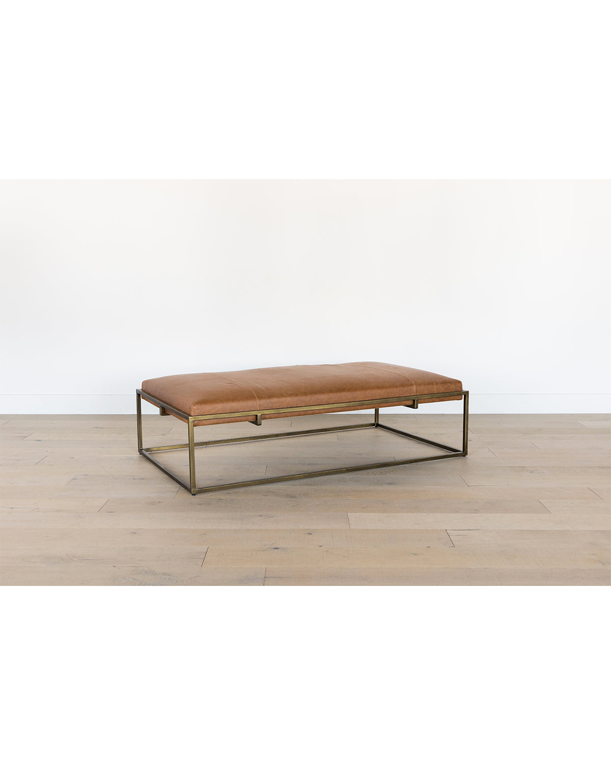 The Harlow Leather Coffee Table, featuring a rectangular brown aniline-dyed leather cushion and a modern brass-finished frame, sits on a light wood floor against a plain white wall, by McGee & Co.
