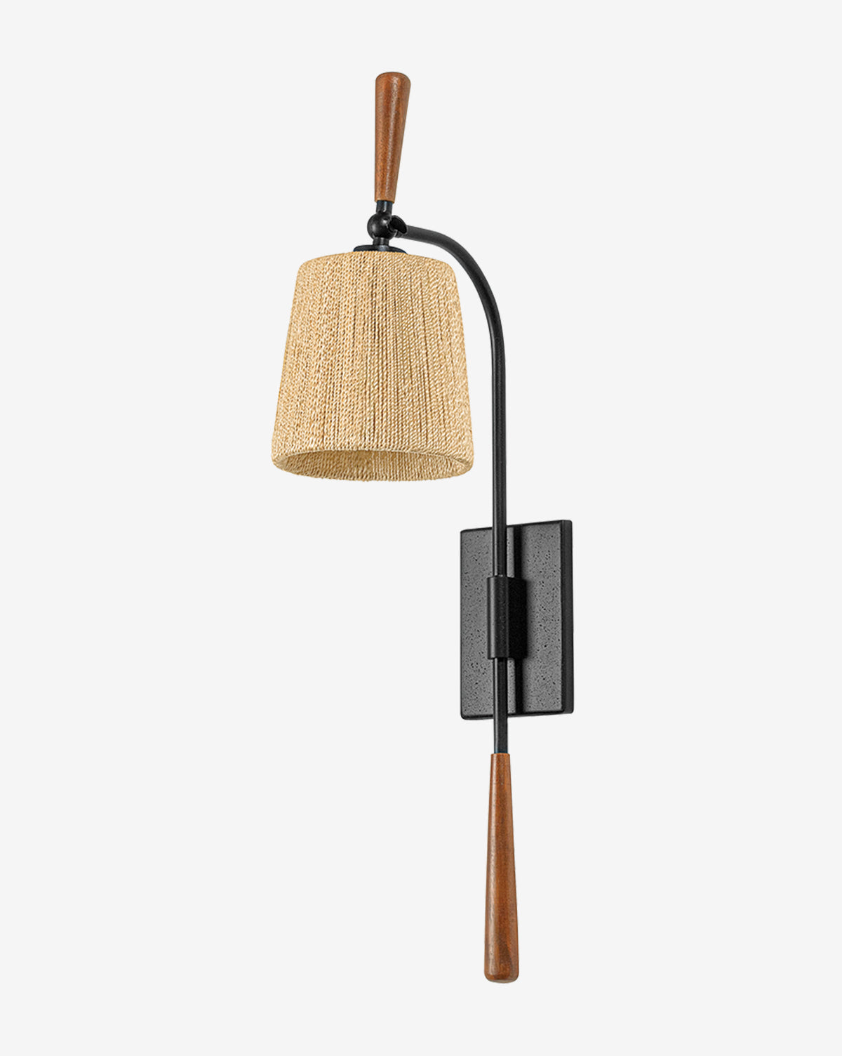 The Harlyn Sconce by Troy Lighting is a modern wall light with a natural abaca shade, black metal arm, and wooden accents on a rectangular black base by McGee & Co.