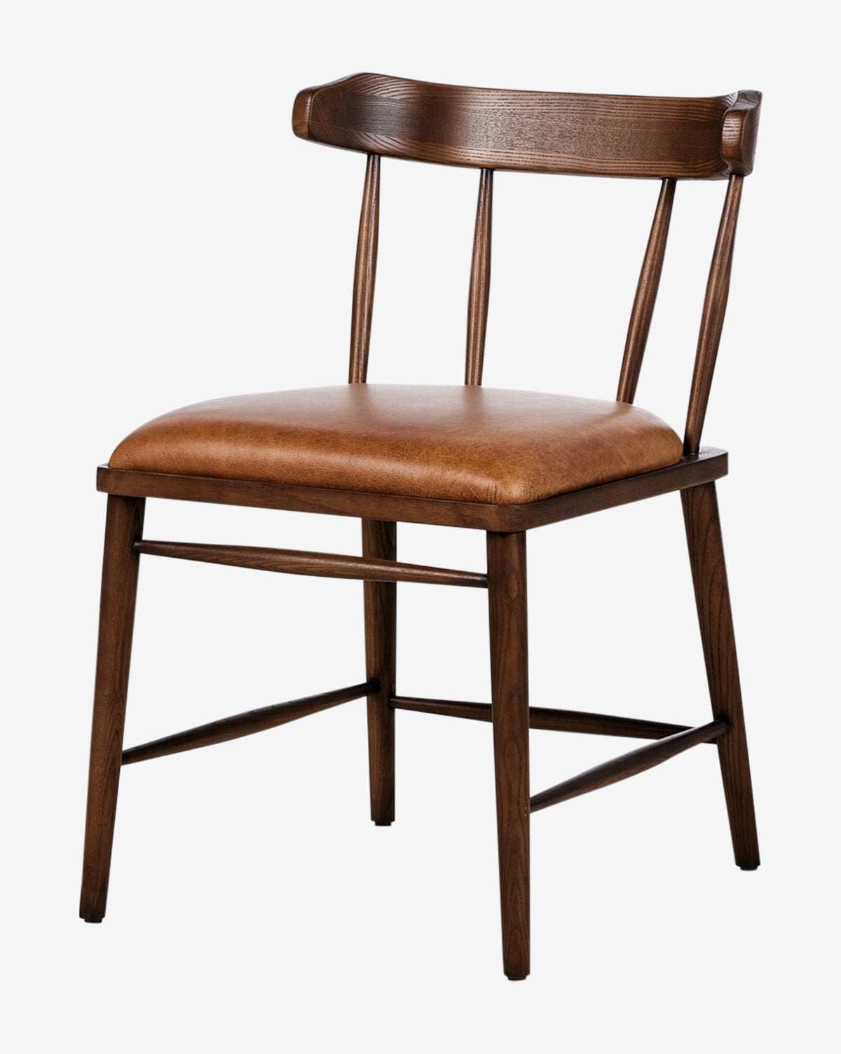The Harper Dining Chair has a curved backrest, three vertical slats, and a light brown upholstered seat. Crafted from solid ash with angled legs, it offers a simple, modern look by McGee & Co.