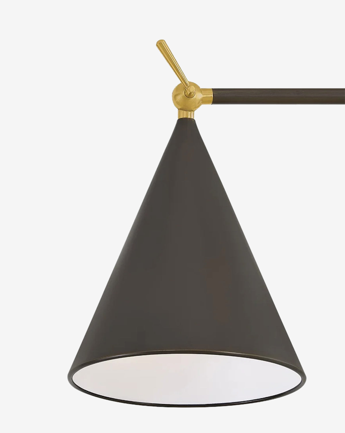 The Harriet Floor Lamp features a modern cone-shaped black shade with a white interior, suspended from a horizontal rod with a brass joint and handle, offering adjustable lighting in contemporary spaces, by McGee & Co.