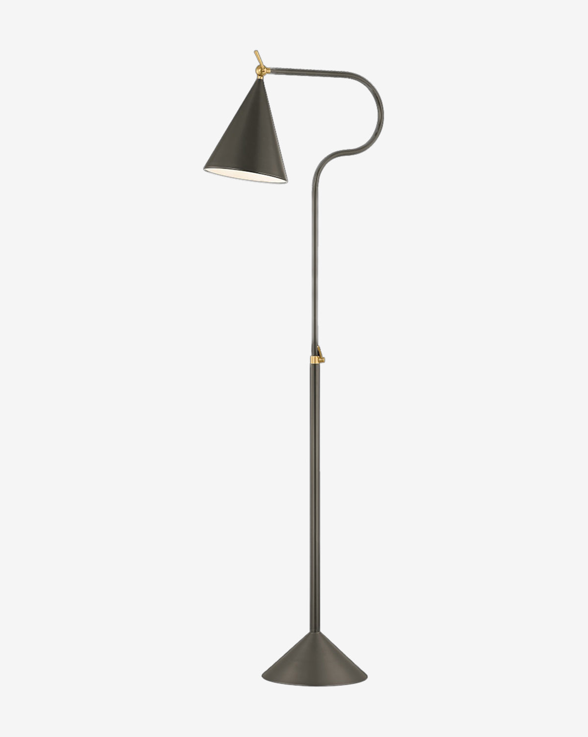 The Harriet Floor Lamp by Hudson Valley Lighting features a black metal body, cone-shaped base, and matching shade with brass joint accents and an adjustable curved neck, shown against a plain white background, McGee & Co.