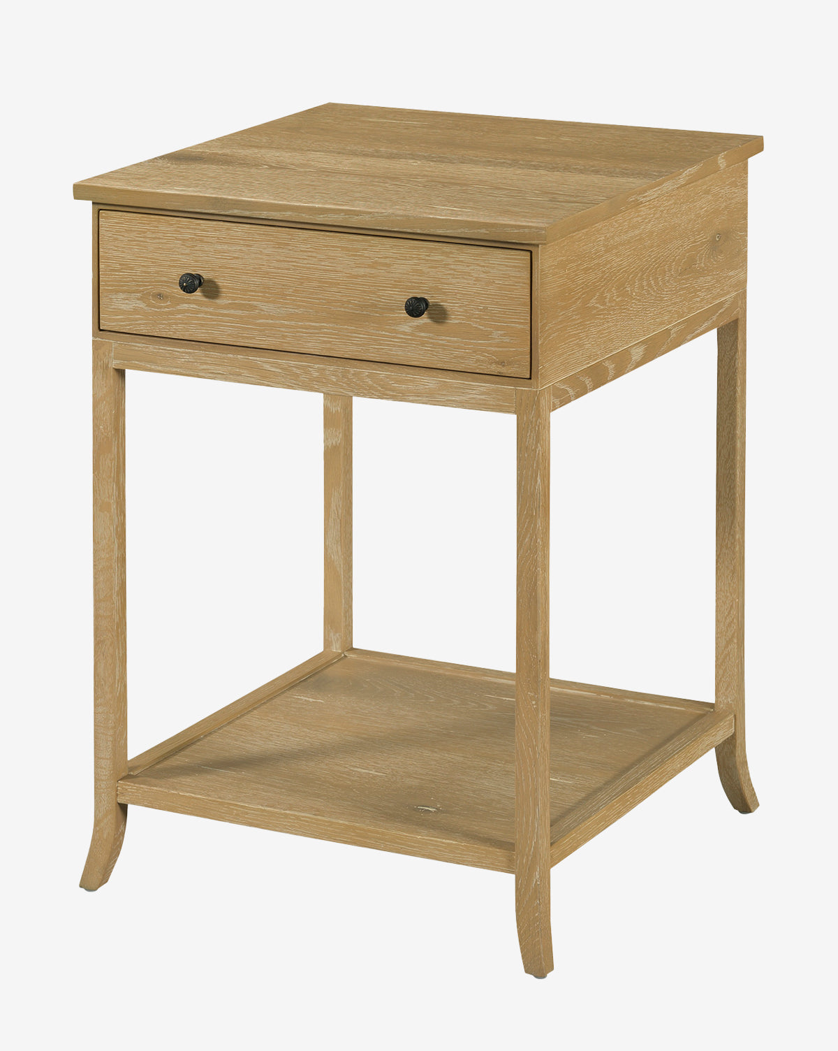 The Harrisburg Side Table features light wood, a single drawer with two small handles, and an open lower shelf, displayed against a plain white background by McGee & Co.