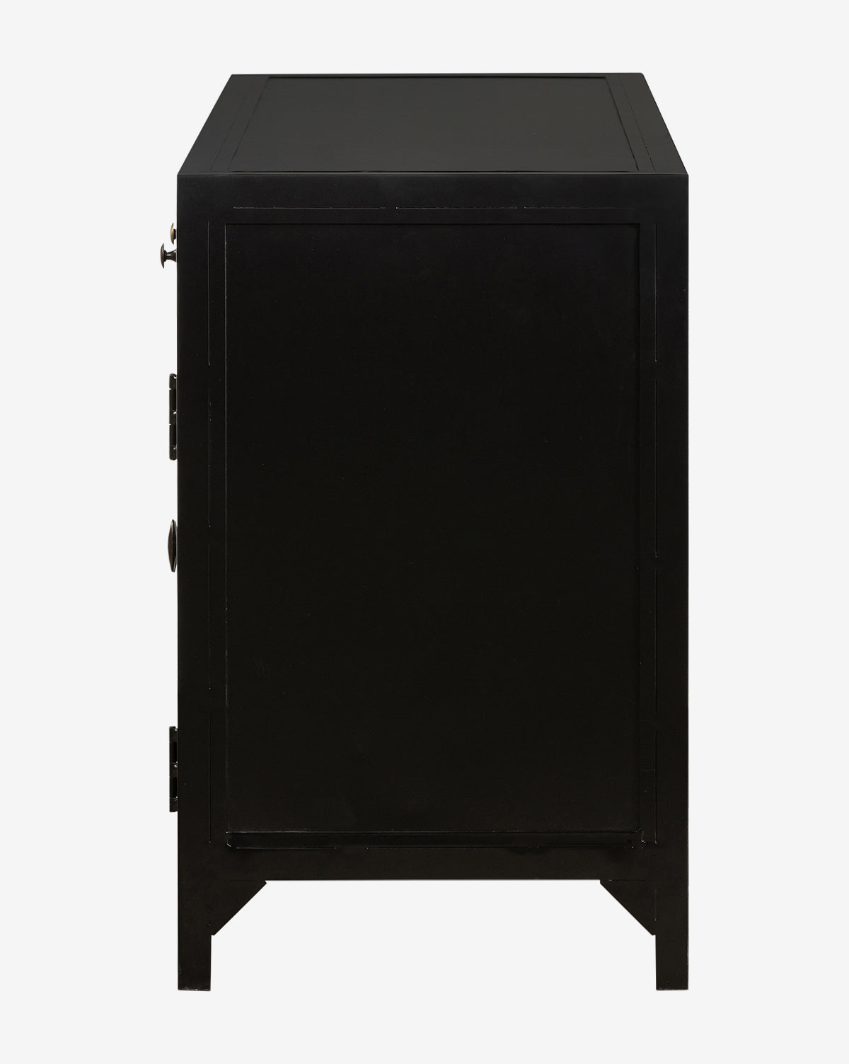 Side view of the Harry Sideboard—a black metal shadowbox with a simple flat surface and plain rectangular door—set against a white background.