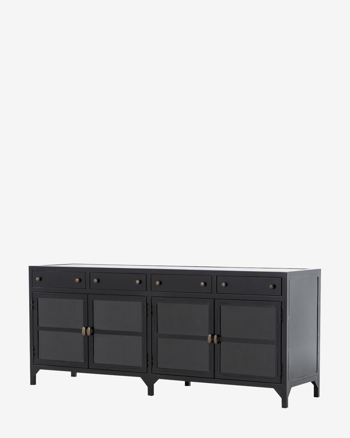 The Harry Sideboard, finished in black with four cabinet doors and four drawers, features simple metal knobs and handles and stands on short legs against a plain white background.