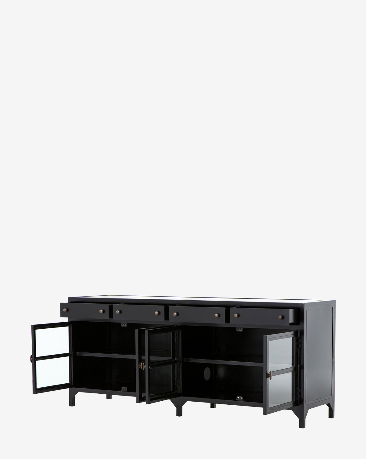 The Harry Sideboard, featuring four top drawers and four glass-paneled cabinet doors with interior shelving, stands against a plain white background. Its sleek black glass enclosure enhances the modern design.