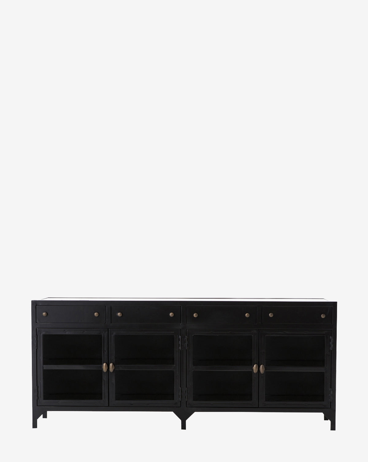 The Harry Sideboard is a black wooden shadowbox sideboard with four drawers, four glass-paneled cabinet doors, brass knobs, and a minimalist design, shown against a plain white background.