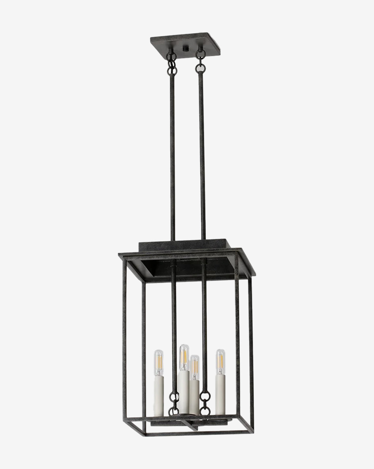 The Hart Lantern is black with a French iron finish, showcasing a square open-frame design and four candelabra lights, suspended from a rectangular ceiling mount by dual rods, by McGee & Co.
