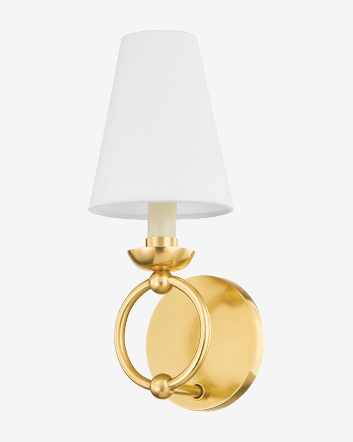 The Haverford Sconce by Hudson Valley Lighting features an aged brass finish, round base, circular ring, and white linen shade, offering an elegant design that complements both modern and classic interiors. McGee & Co.