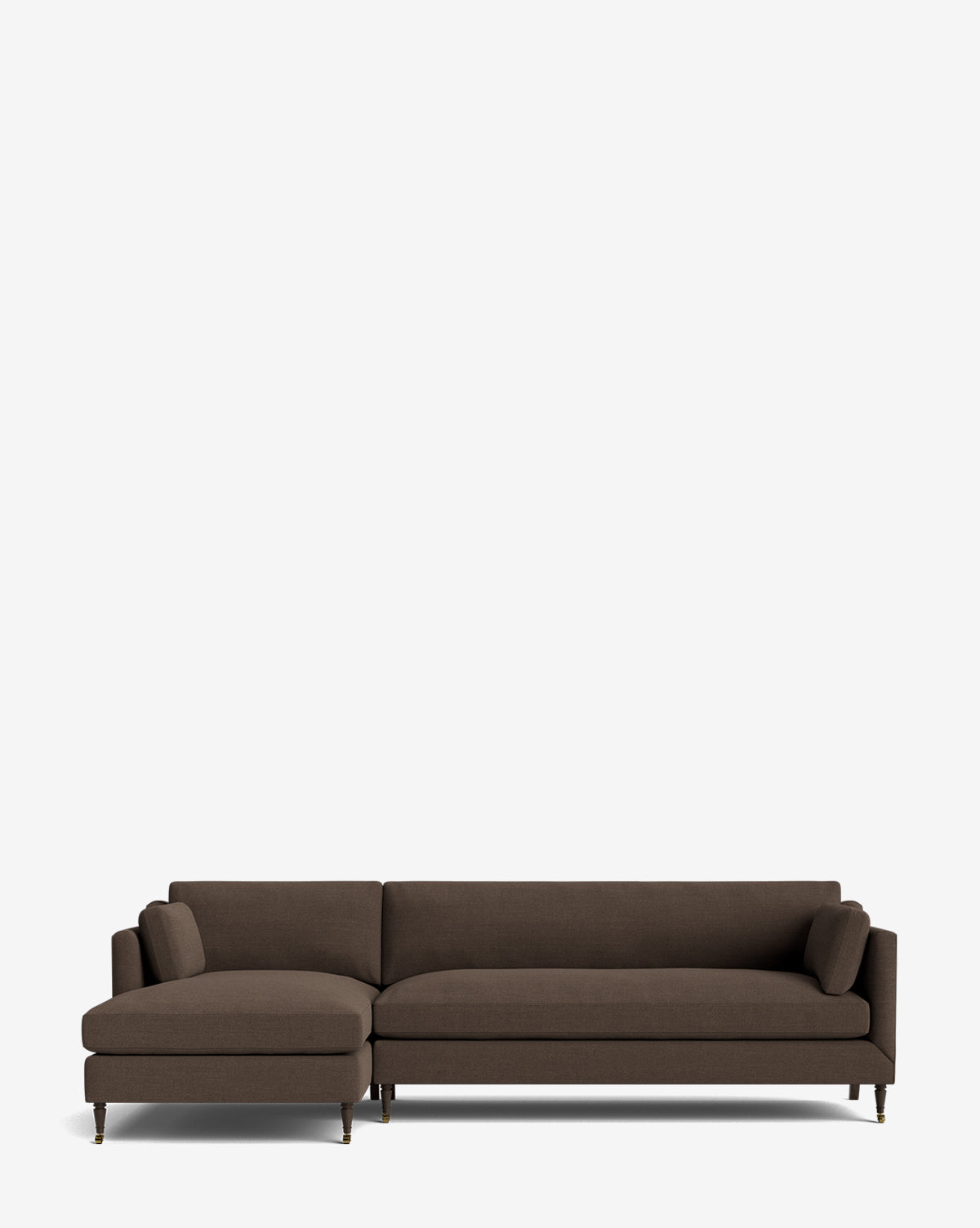 The Haverford Upholstered Left Chaise Sectional by Rowe Fine Furniture showcases dark brown upholstery and slim legs with brass-colored tips, set against a white background, McGee & Co.