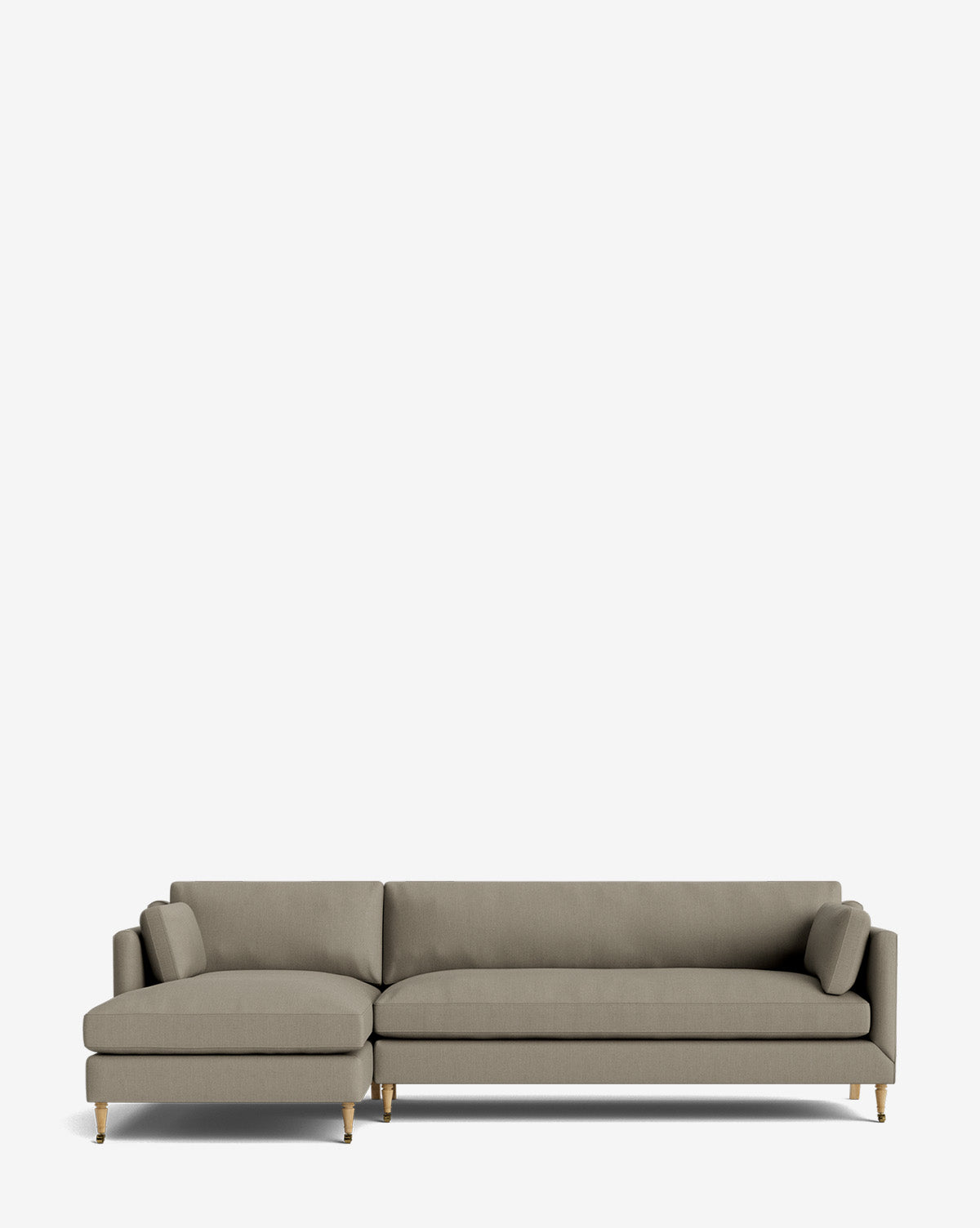 The Haverford Upholstered Left Chaise Sectional 113 features a modern, light gray design with slim armrests and gold-capped legs, showcased against a plain white background by McGee & Co.