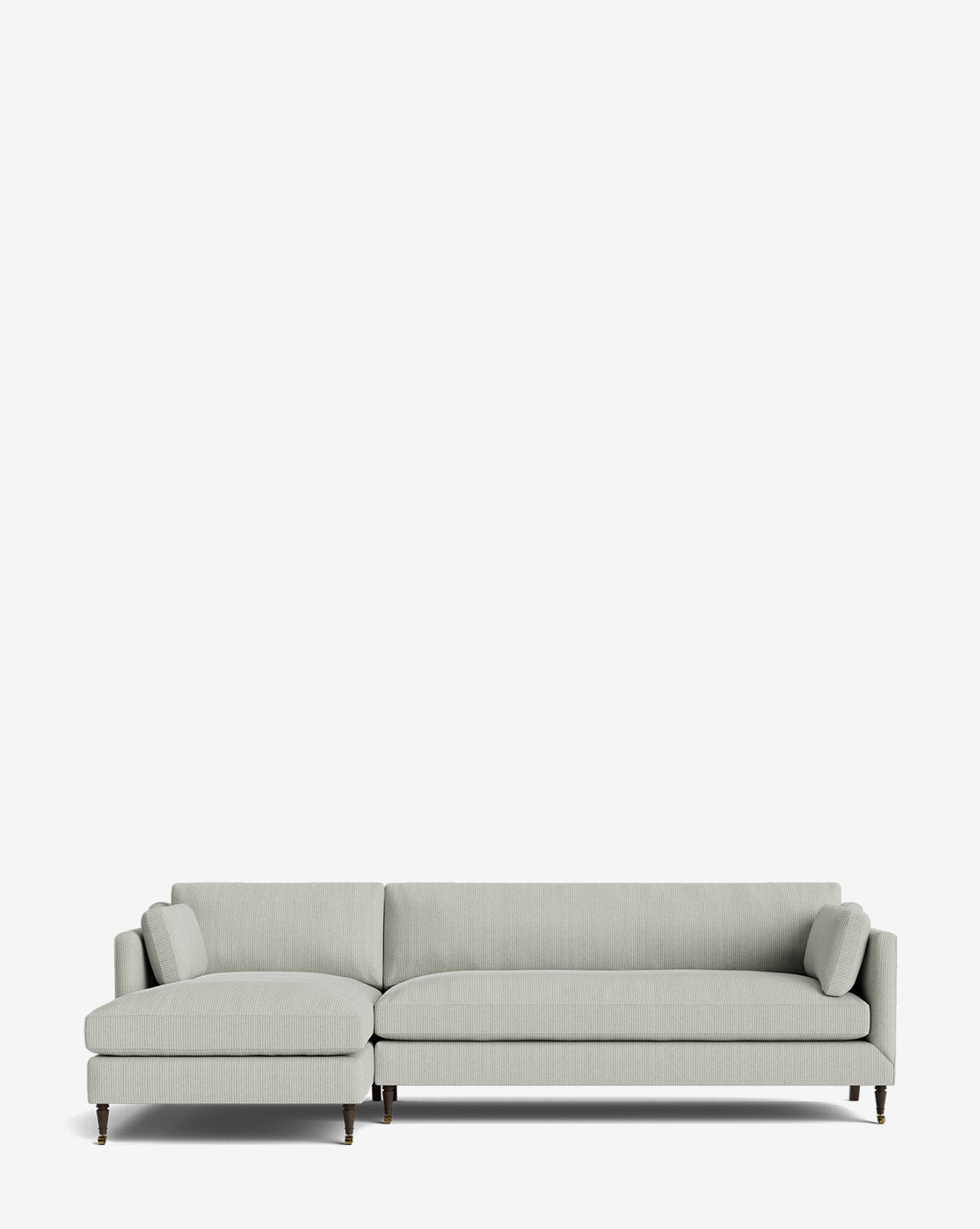 The Haverford Upholstered Left Chaise Sectional 113 features light gray fabric, a left-facing chaise, clean lines, and slim dark legs, shown against a plain white background by McGee & Co.