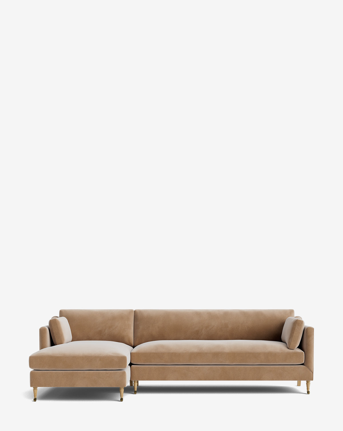 The Haverford Upholstered Left Chaise Sectional features a modern beige design, low backrest, slim armrests, and gold metal legs, shown against a plain white background, by McGee & Co.