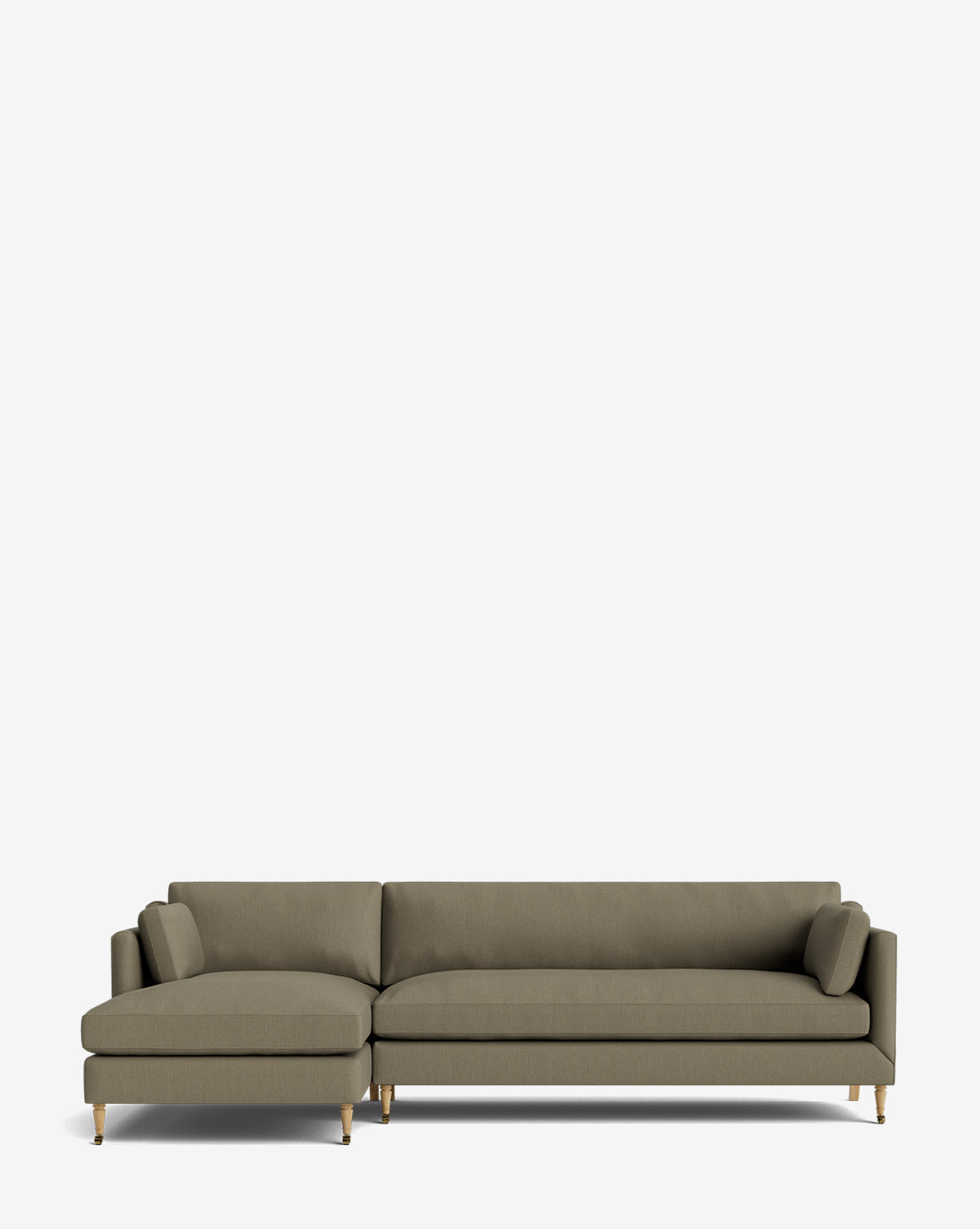 The Haverford Upholstered Left Chaise Sectional features an olive green finish, clean lines, three seat cushions, and wooden legs with gold-toned tips—handcrafted to add comfort and style to your living space, by McGee & Co.