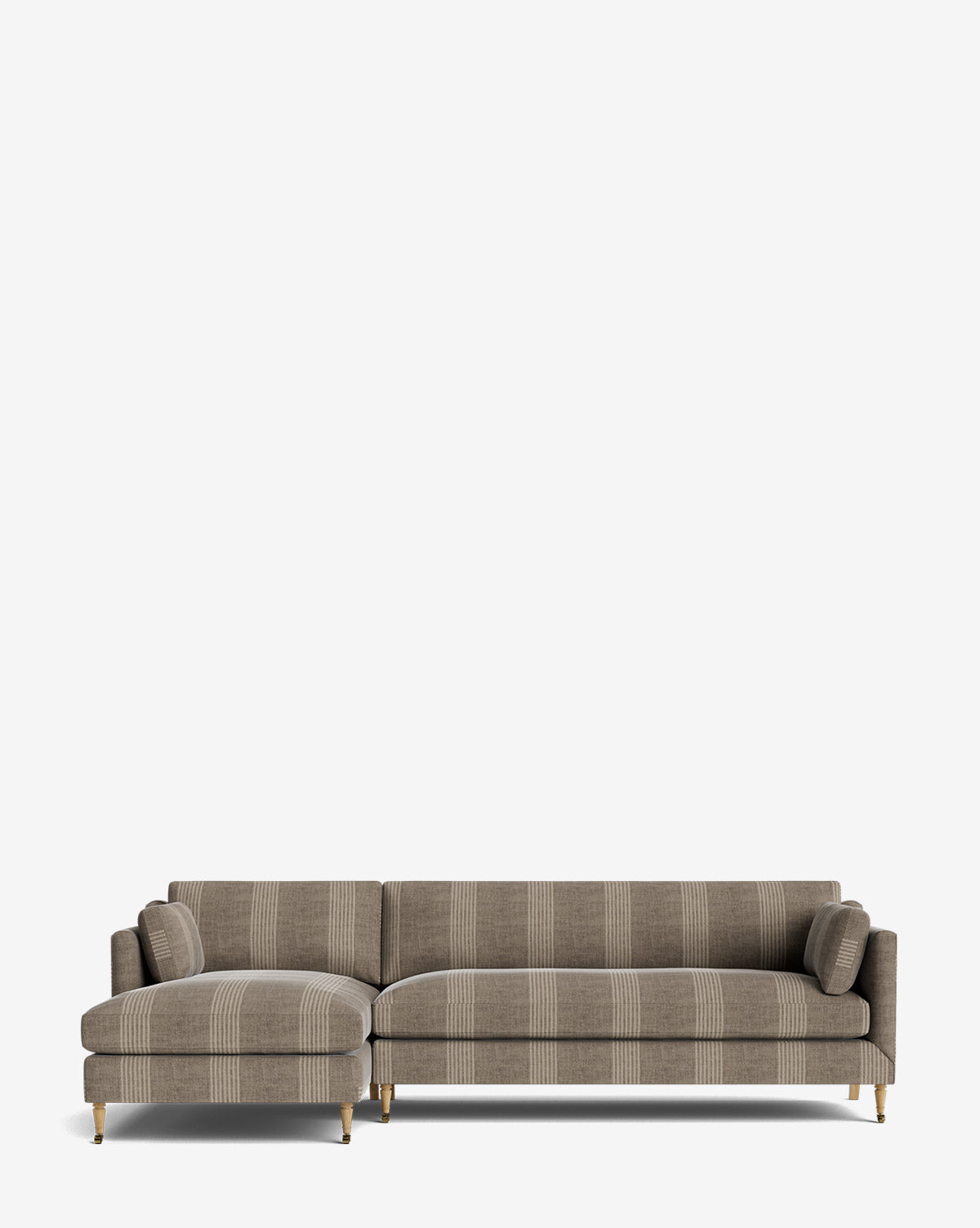 The Haverford Upholstered Left Chaise Sectional 113 is a modern L-shaped sofa with brown and beige vertical stripes, two matching cylindrical cushions, and gold-accented legs, displayed on a plain white background by McGee & Co.