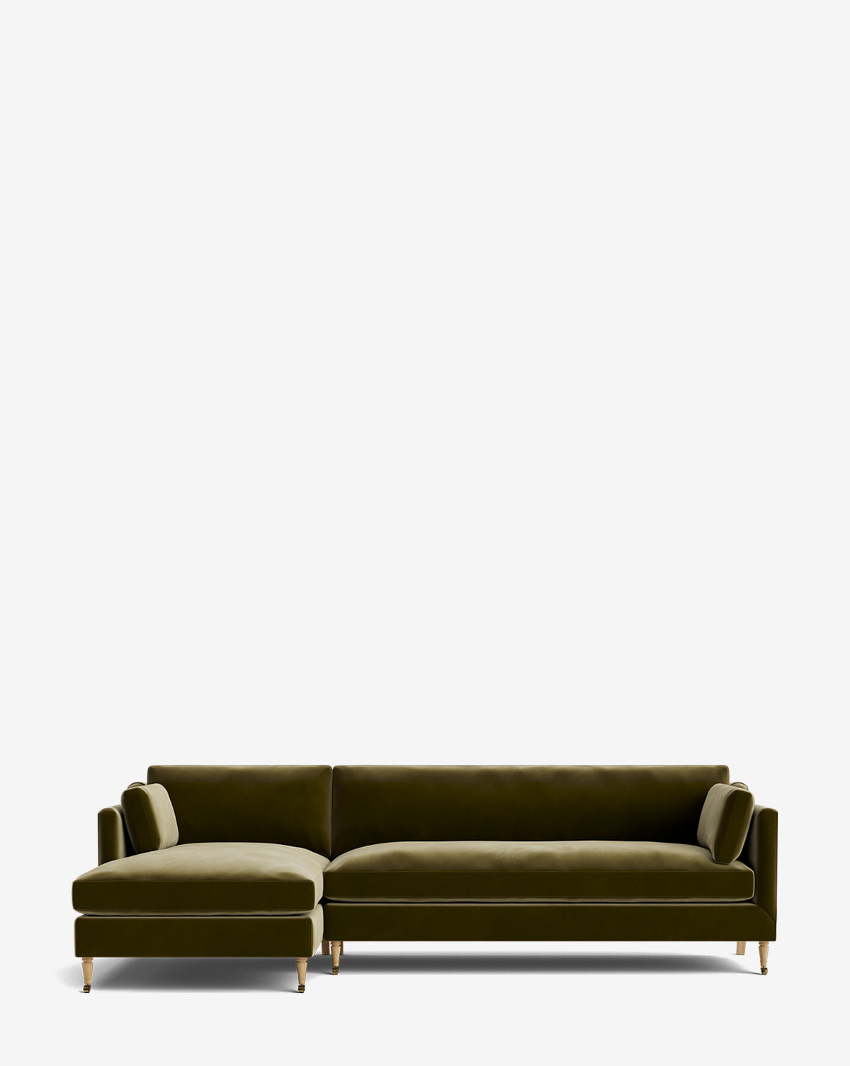 The Haverford Upholstered Left Chaise Sectional 113 is a modern olive green velvet sofa with gold legs, left-facing chaise lounge, and two cylindrical pillows, shown against a plain white background by McGee & Co.