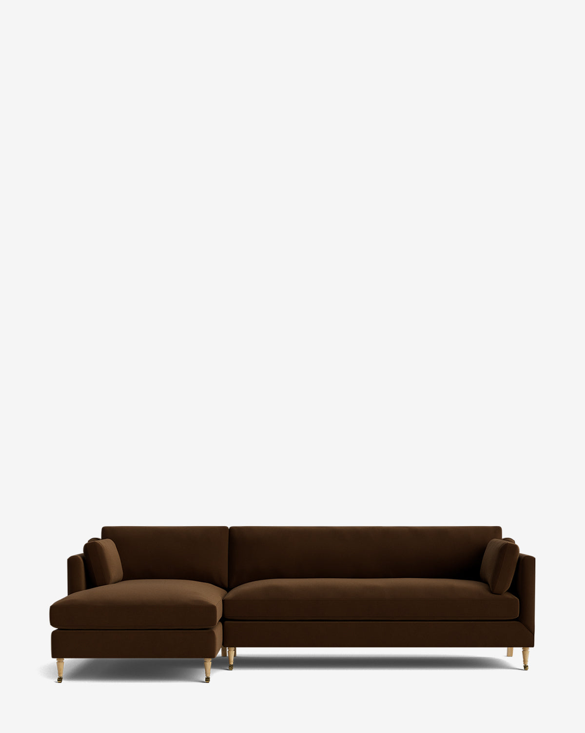 The Rowe Fine Furniture Haverford Upholstered Left Chaise Sectional features brown fabric, gold legs, and a customizable design, offering modern style against a plain white background. McGee & Co.